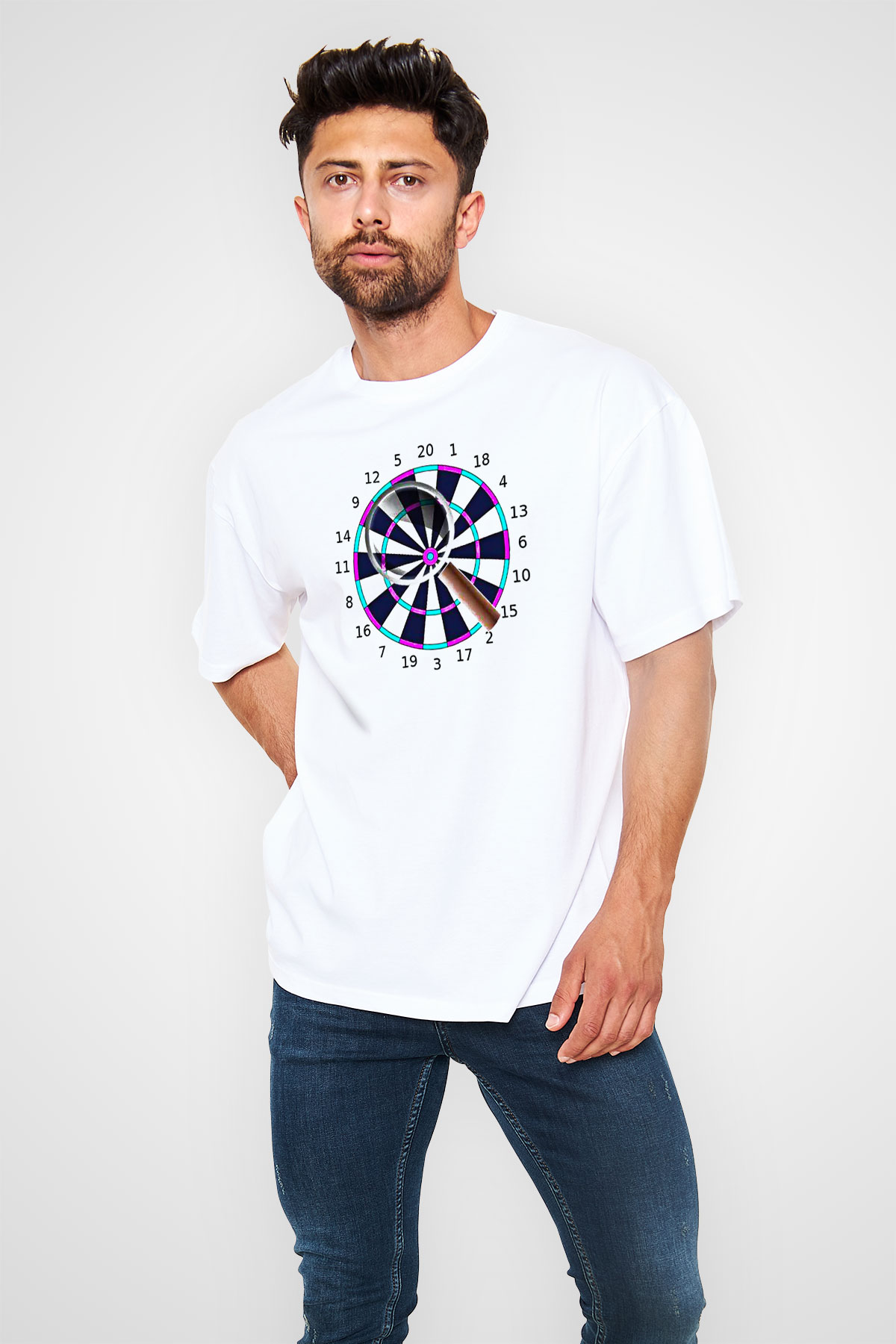 Dart Baskılı Unisex Beyaz Oversize Tişört - Tshirt