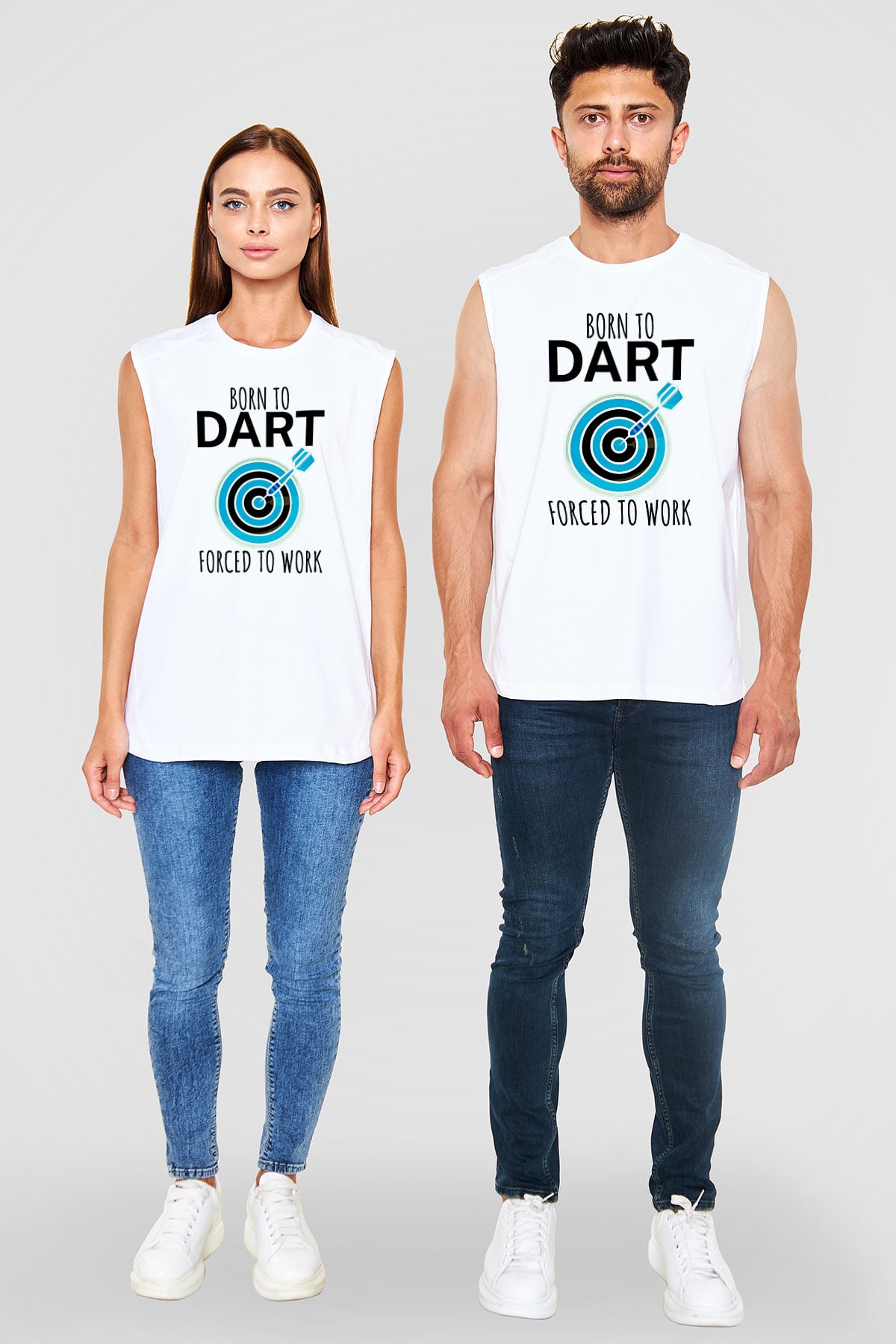 Dart Baskılı Unisex Kolsuz Beyaz Tişört