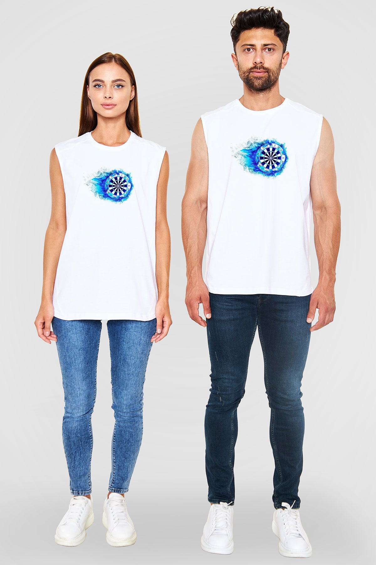 Dart Baskılı Unisex Kolsuz Beyaz Tişört