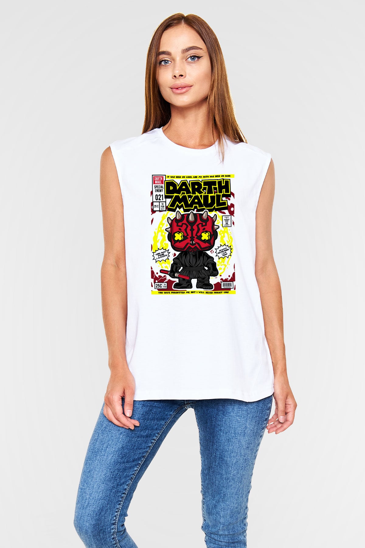 Darth Maul Baskılı Unisex Beyaz Kolsuz Tişört
