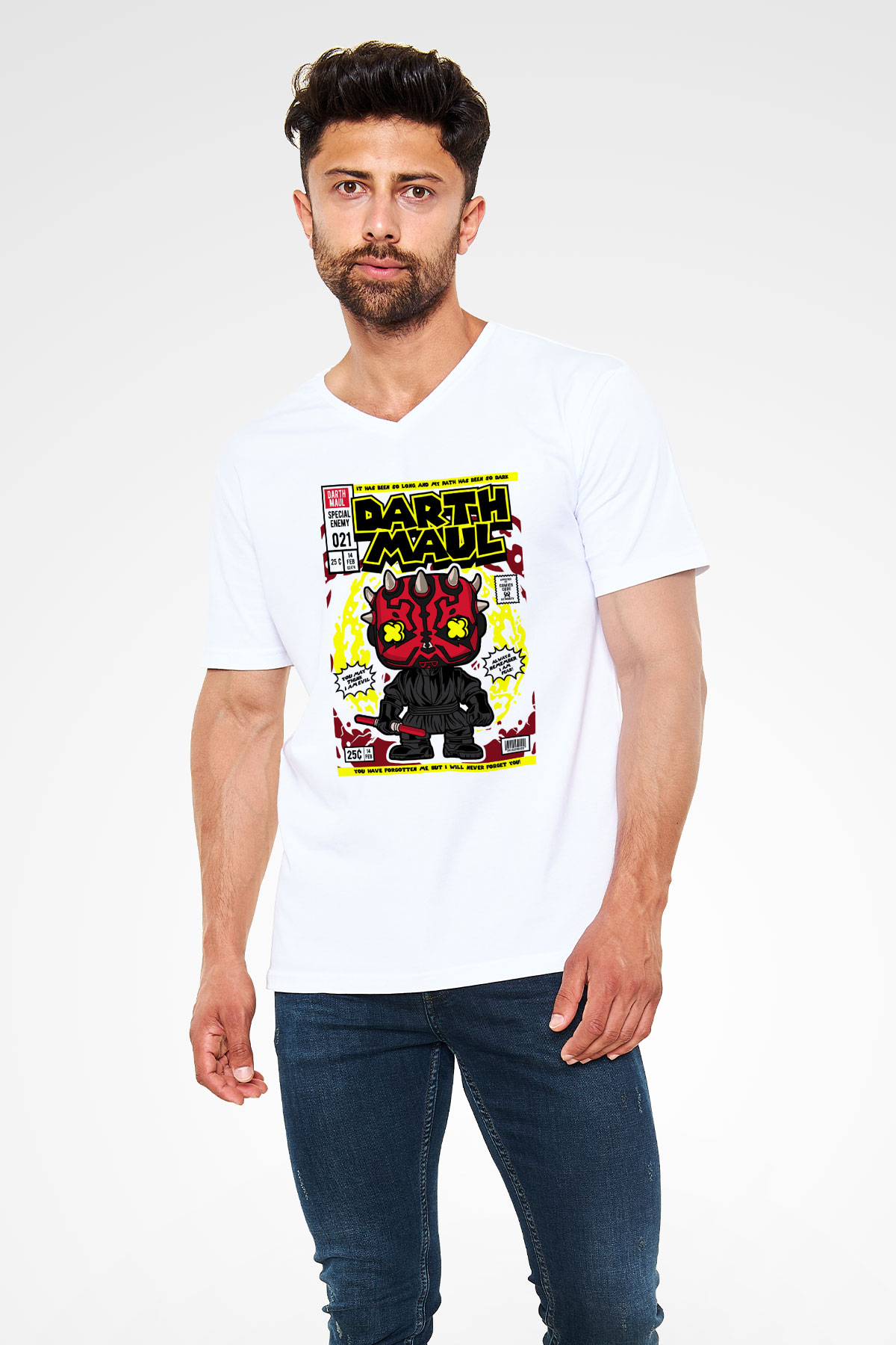 Darth Maul Baskılı Unisex Beyaz V Yaka Tişört