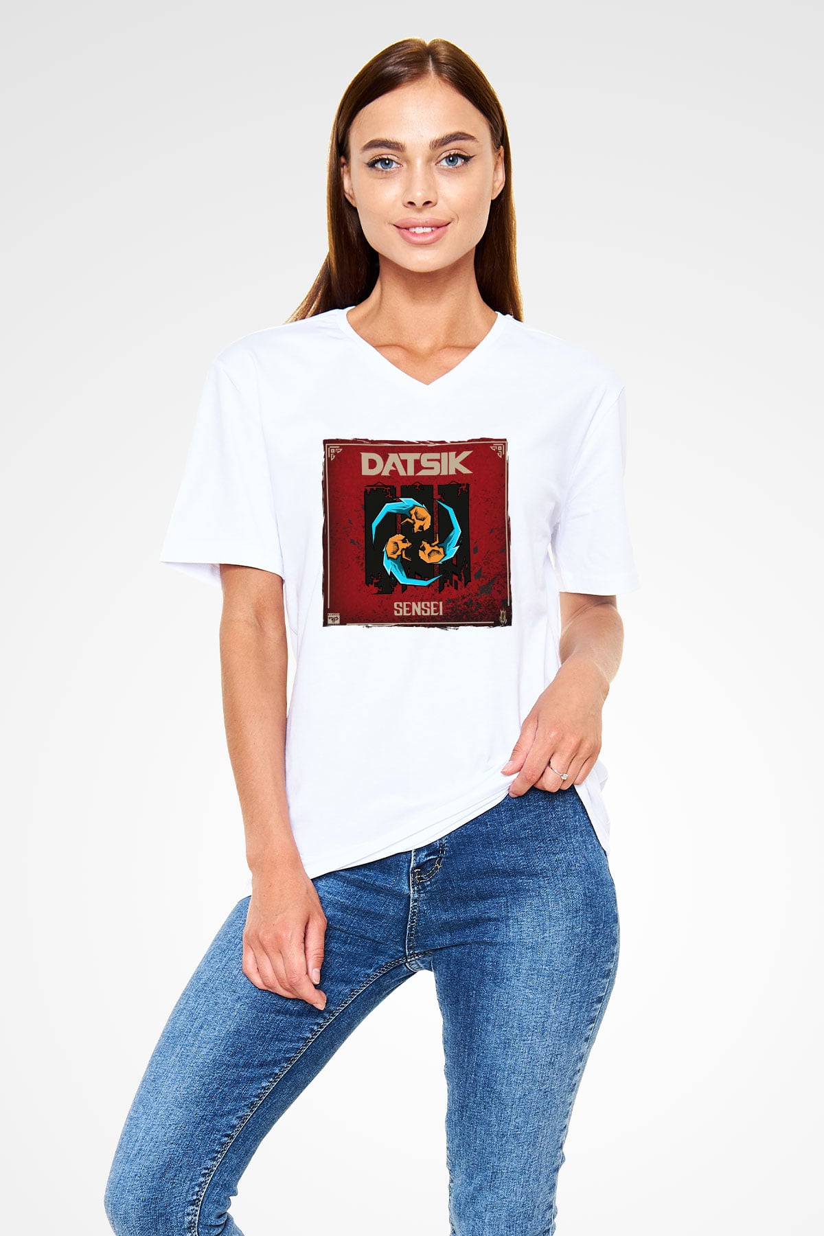 Datsik Beyaz Unisex V Yaka Tişört