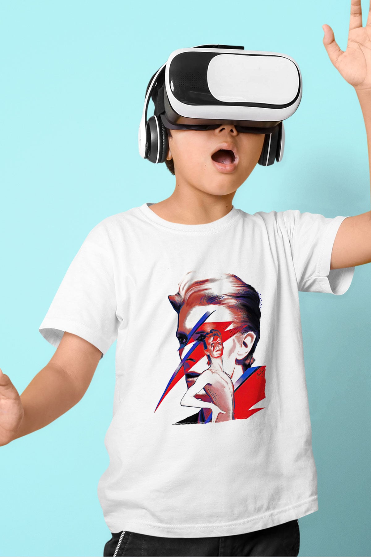 David Bowie Baskılı Beyaz Unisex Beyaz Çocuk Tişört - Tshirt