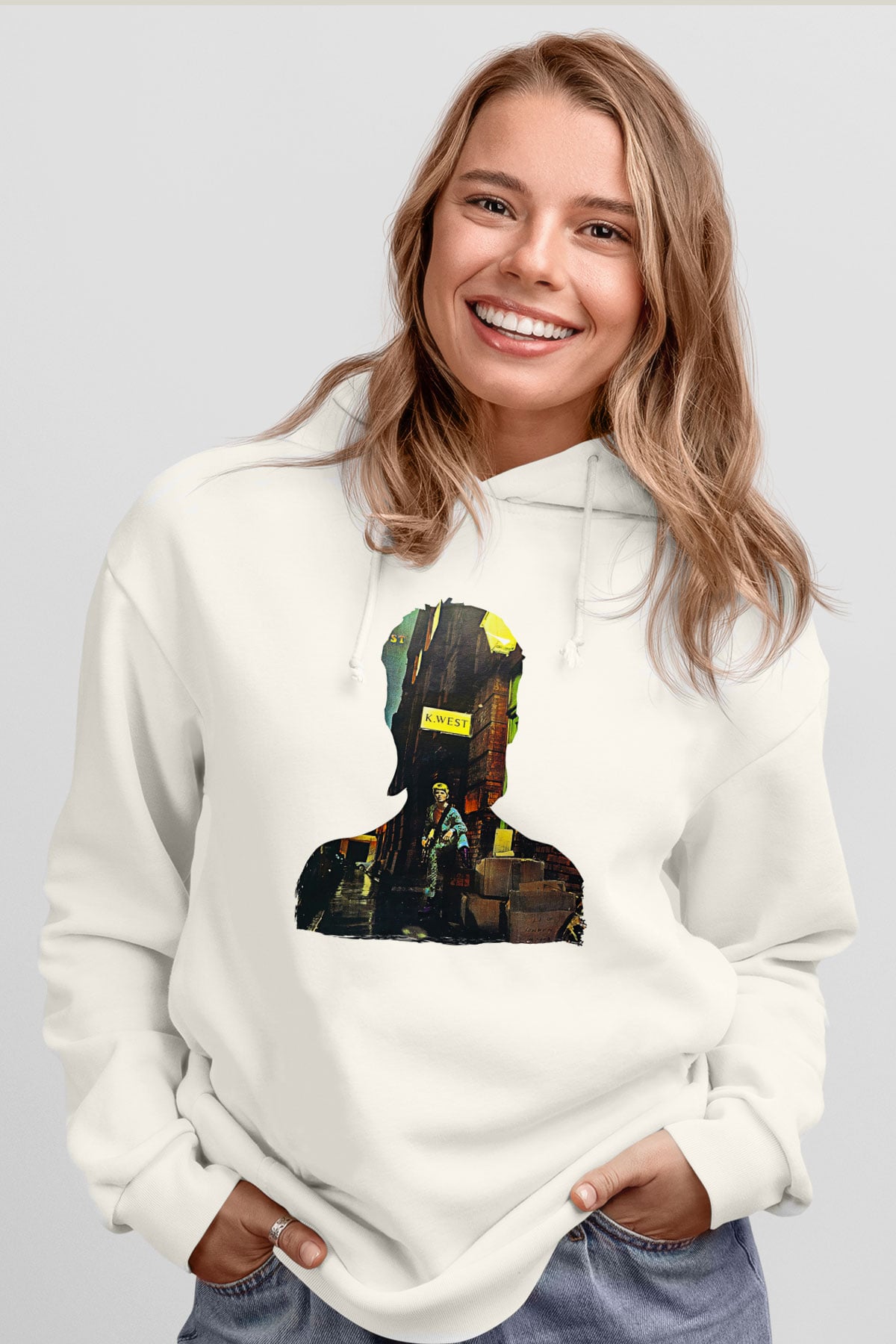 David Bowie Baskılı Beyaz Unisex Kapüşonlu Sweatshirt