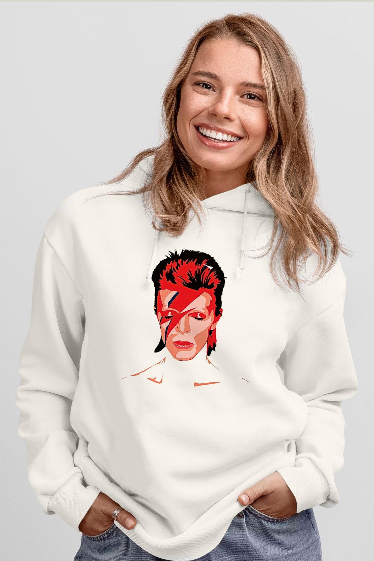 David Bowie Baskılı Beyaz Unisex Kapüşonlu Sweatshirt