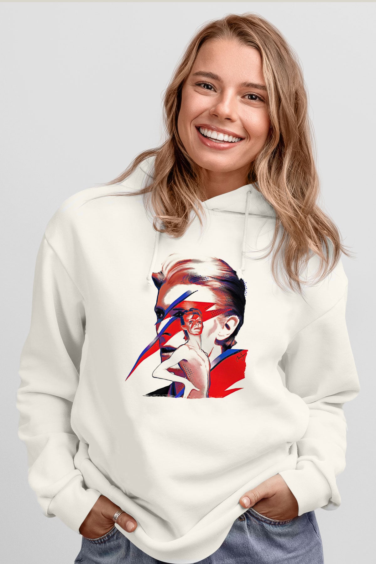 David Bowie Baskılı Beyaz Unisex Kapüşonlu Sweatshirt