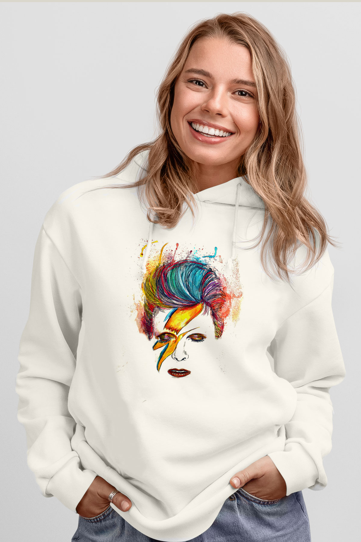 David Bowie Baskılı Beyaz Unisex Kapüşonlu Sweatshirt
