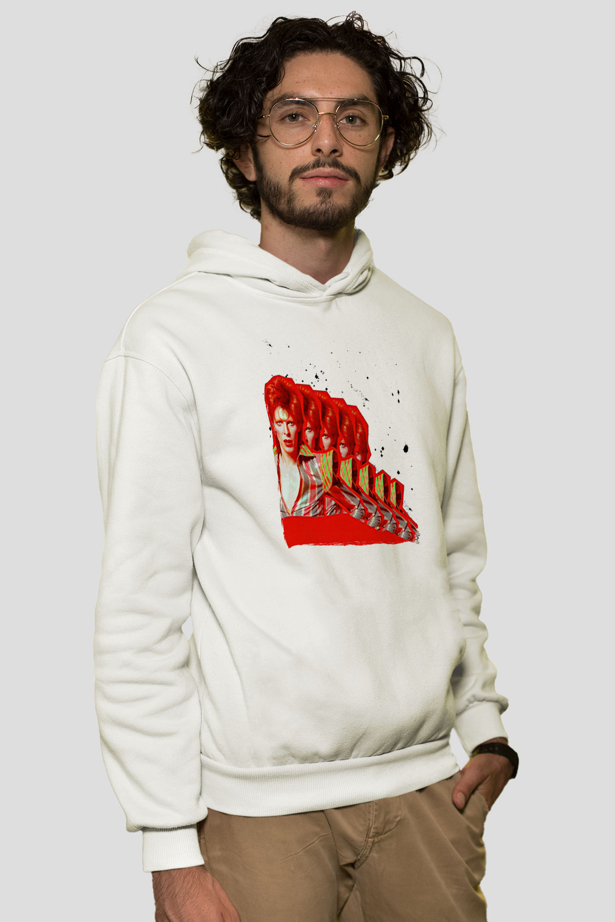 David Bowie Baskılı Beyaz Unisex Kapüşonlu Sweatshirt
