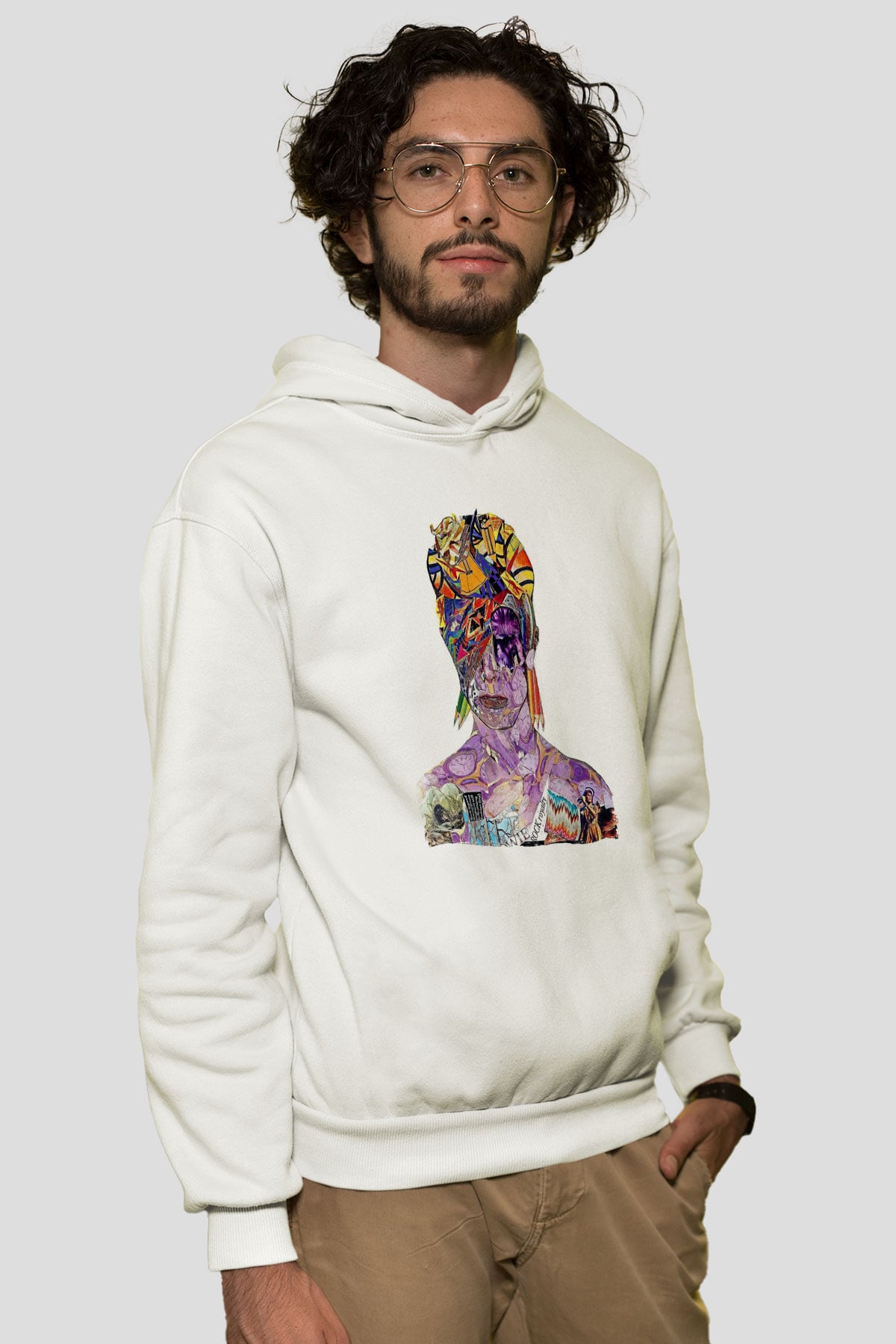 David Bowie Baskılı Beyaz Unisex Kapüşonlu Sweatshirt