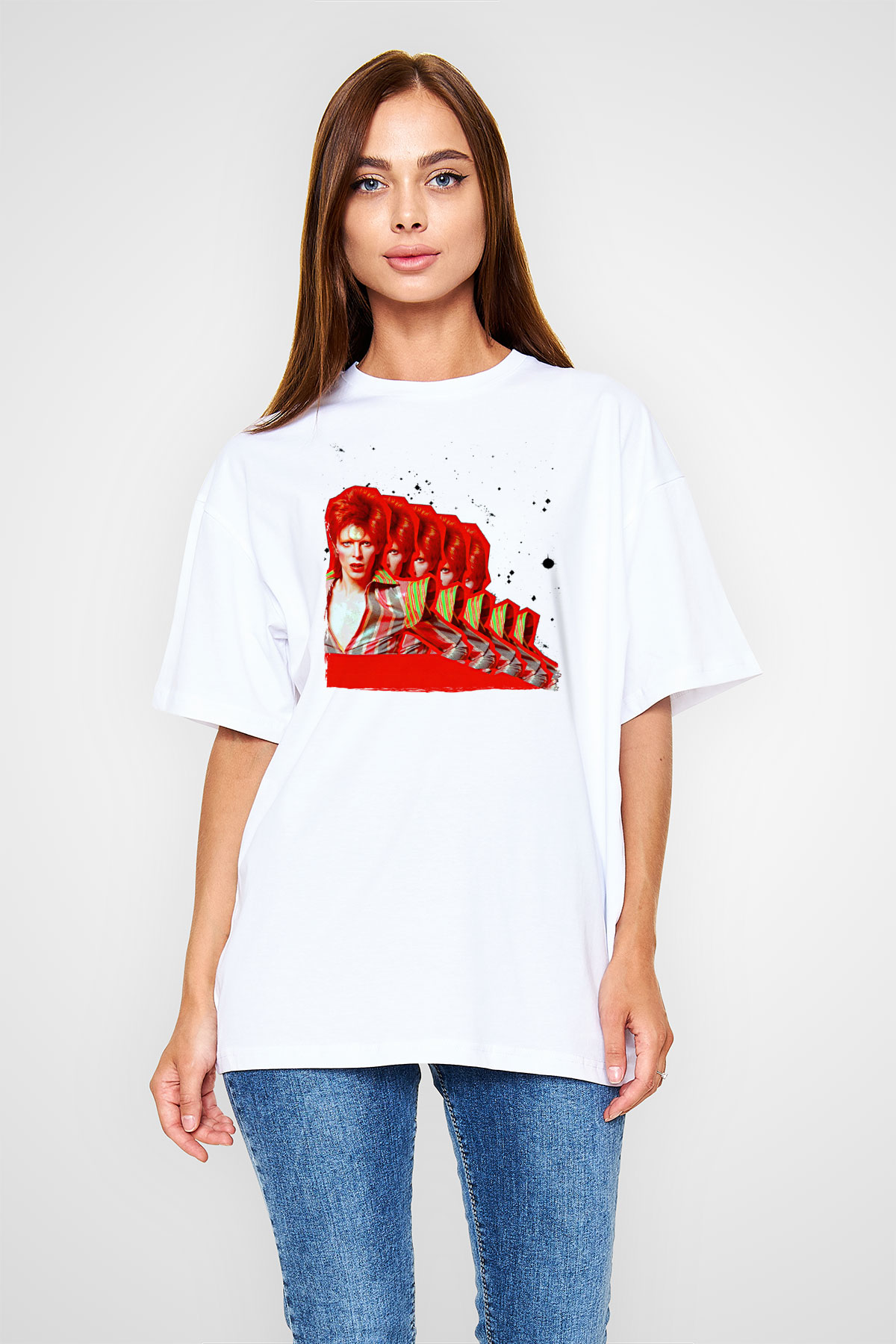 David Bowie Baskılı Beyaz Unisex Oversize Tişört - Tshirt