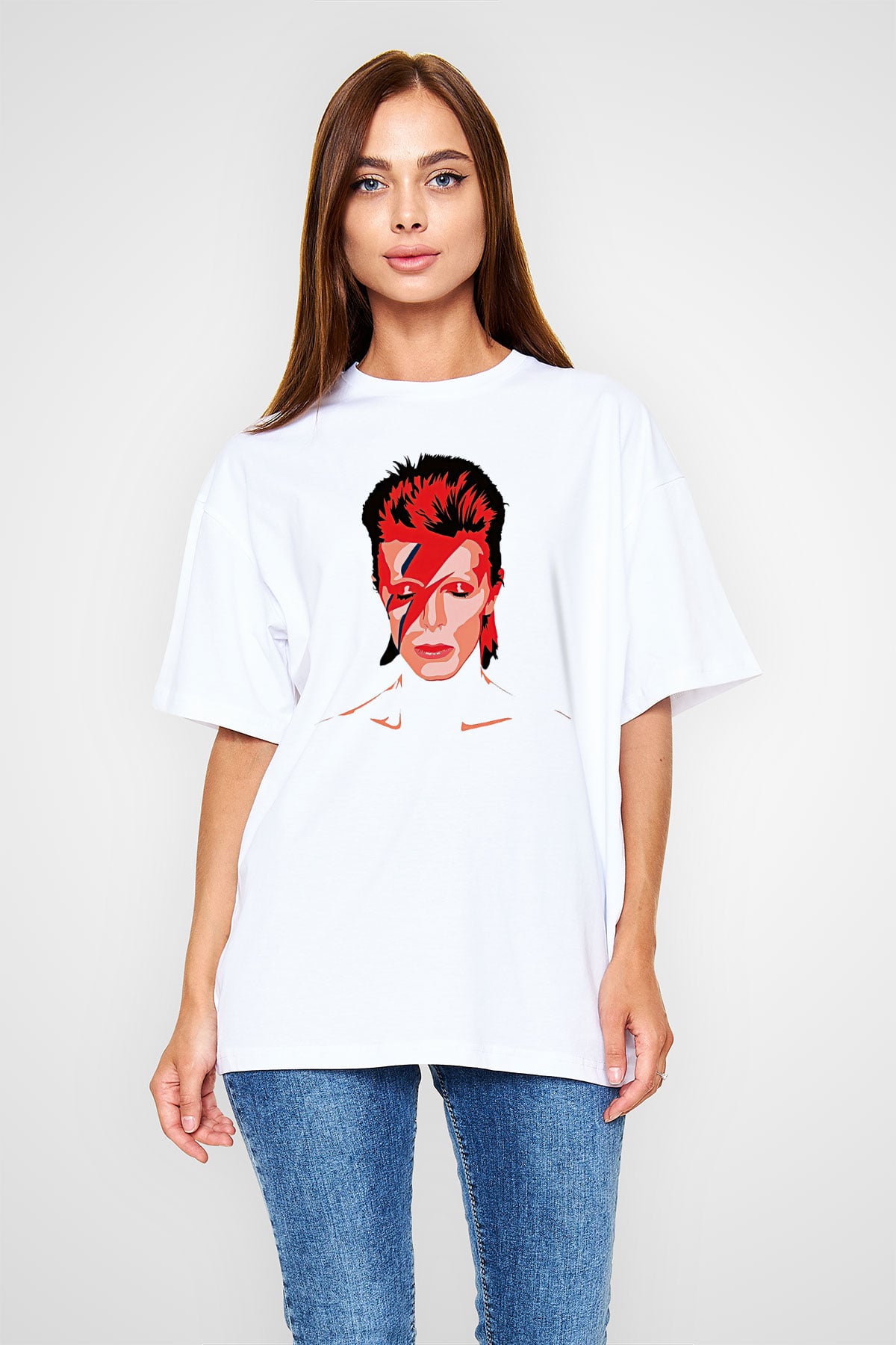 David Bowie Baskılı Beyaz Unisex Oversize Tişört - Tshirt