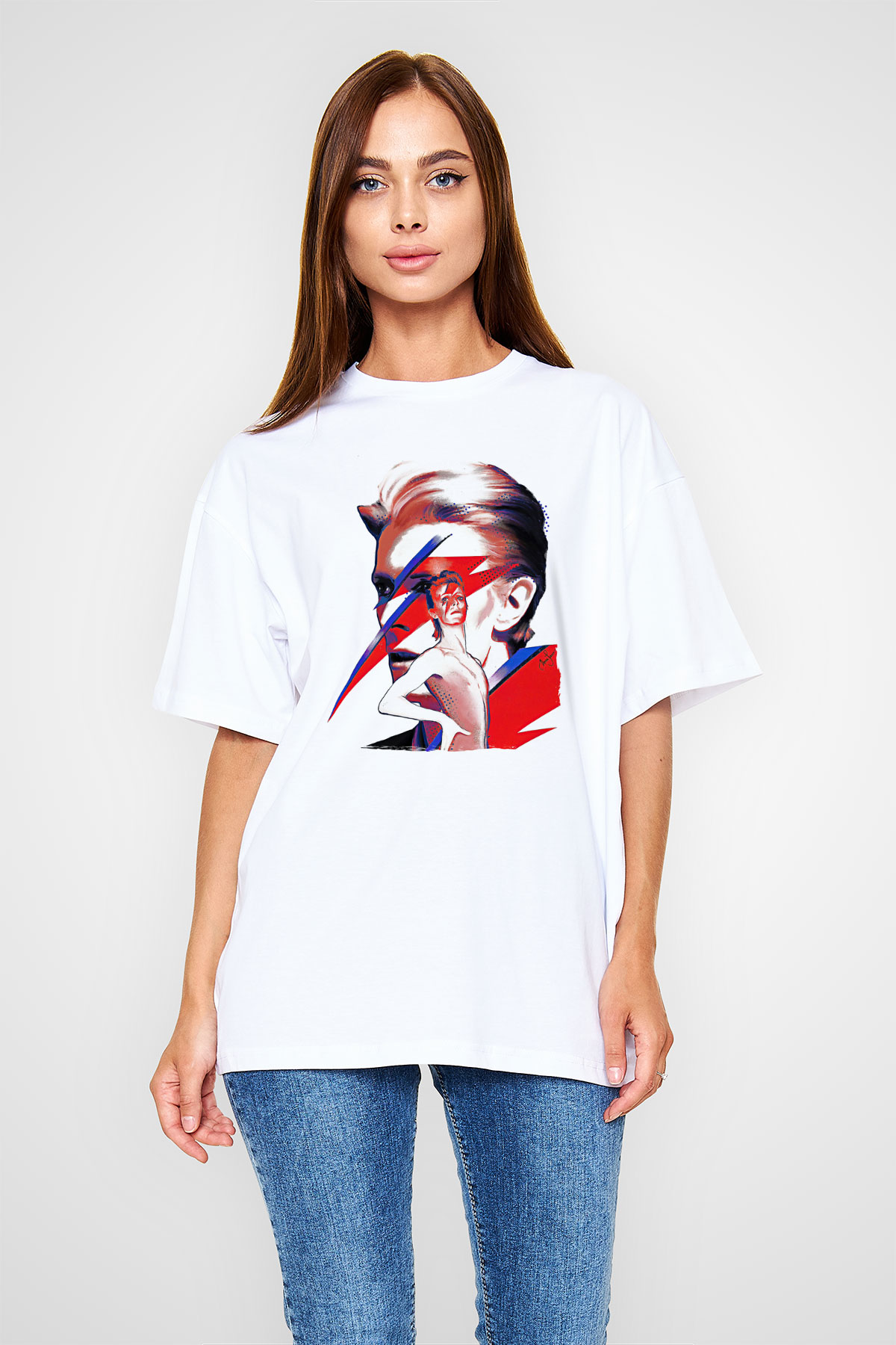 David Bowie Baskılı Beyaz Unisex Oversize Tişört - Tshirt