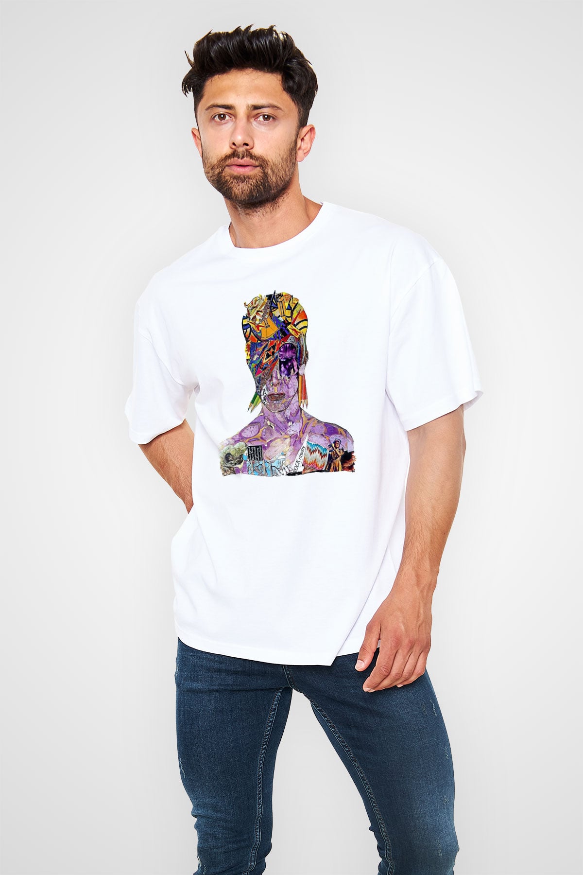 David Bowie Baskılı Beyaz Unisex Oversize Tişört - Tshirt