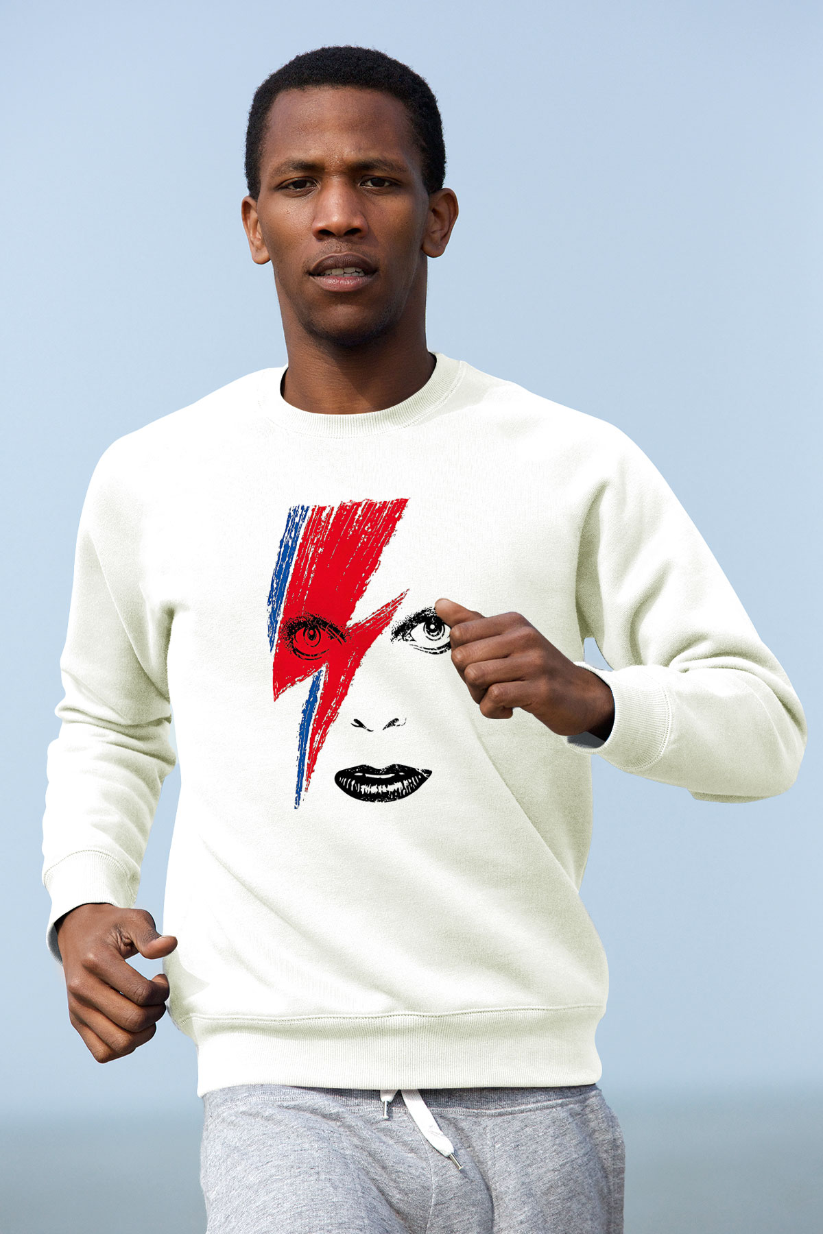 David Bowie Baskılı Beyaz Unisex Sweatshirt