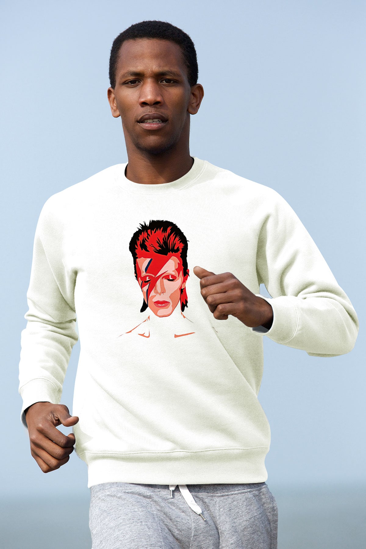David Bowie Baskılı Beyaz Unisex Sweatshirt