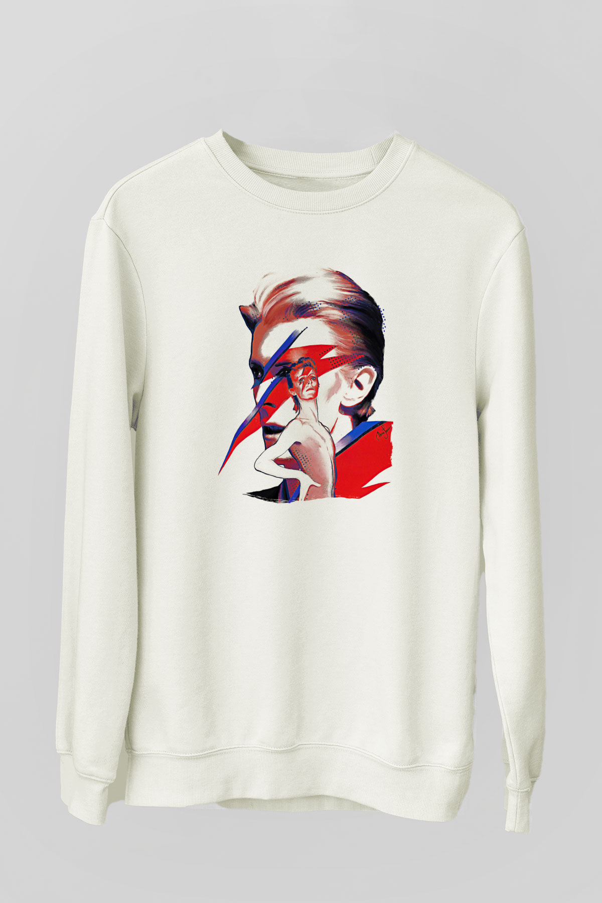 David Bowie Baskılı Beyaz Unisex Sweatshirt