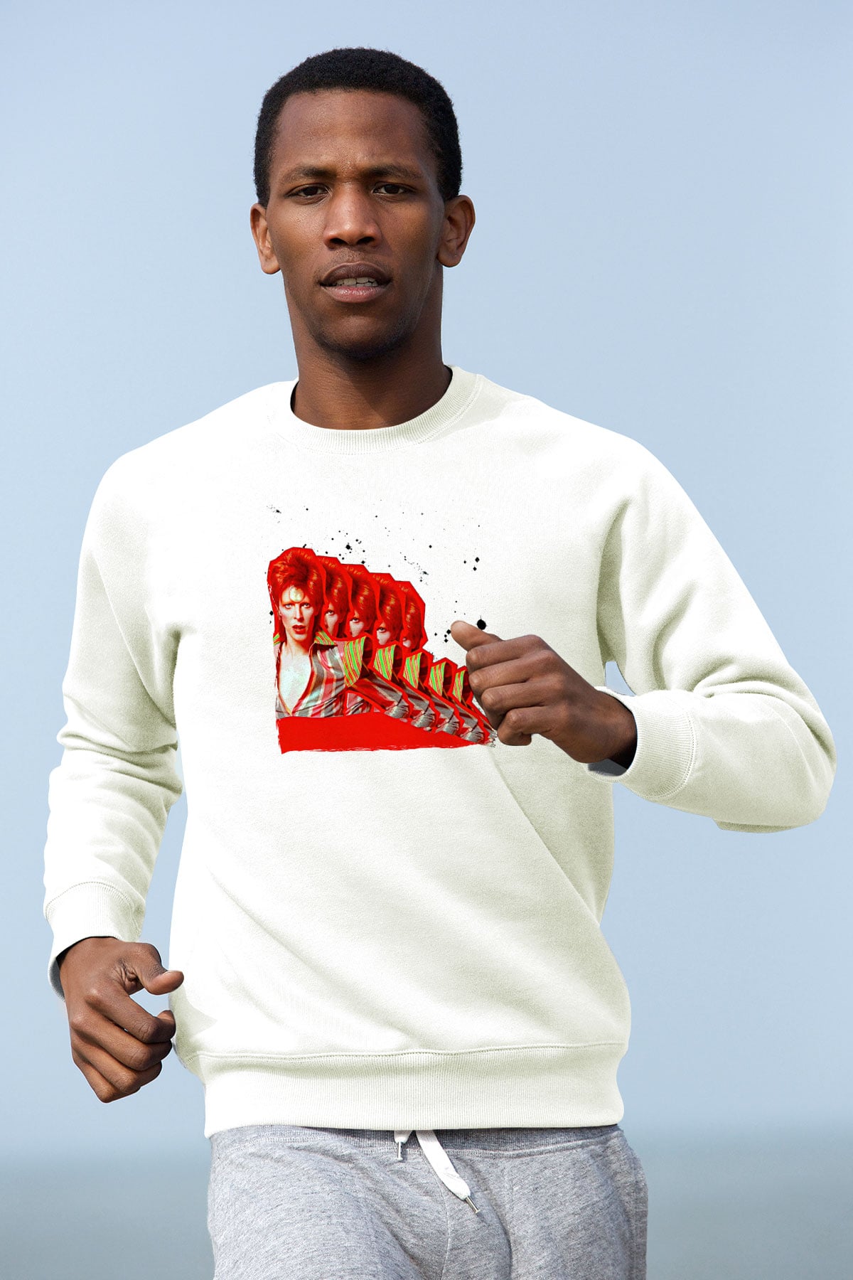 David Bowie Baskılı Beyaz Unisex Sweatshirt