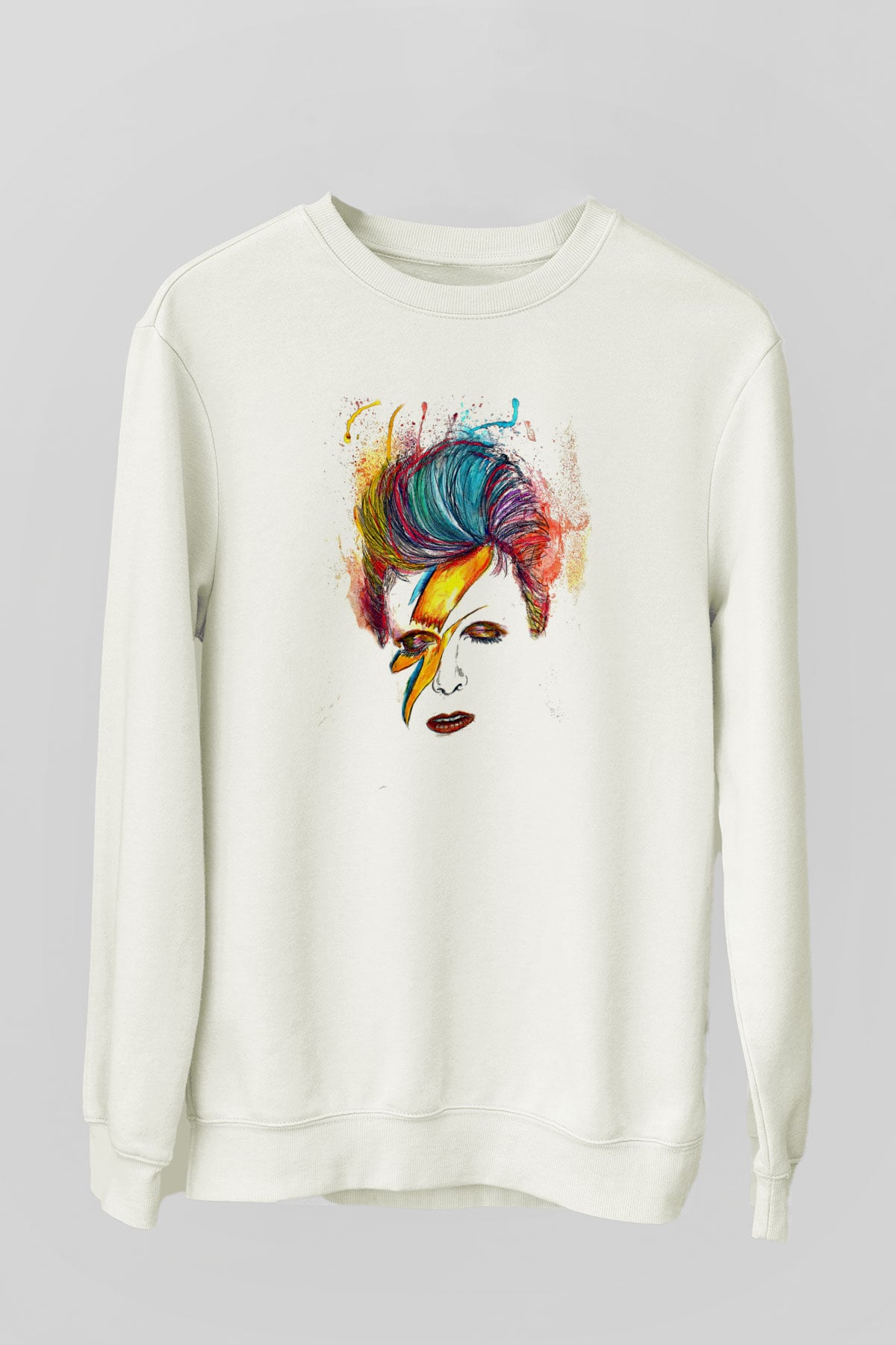 David Bowie Baskılı Beyaz Unisex Sweatshirt