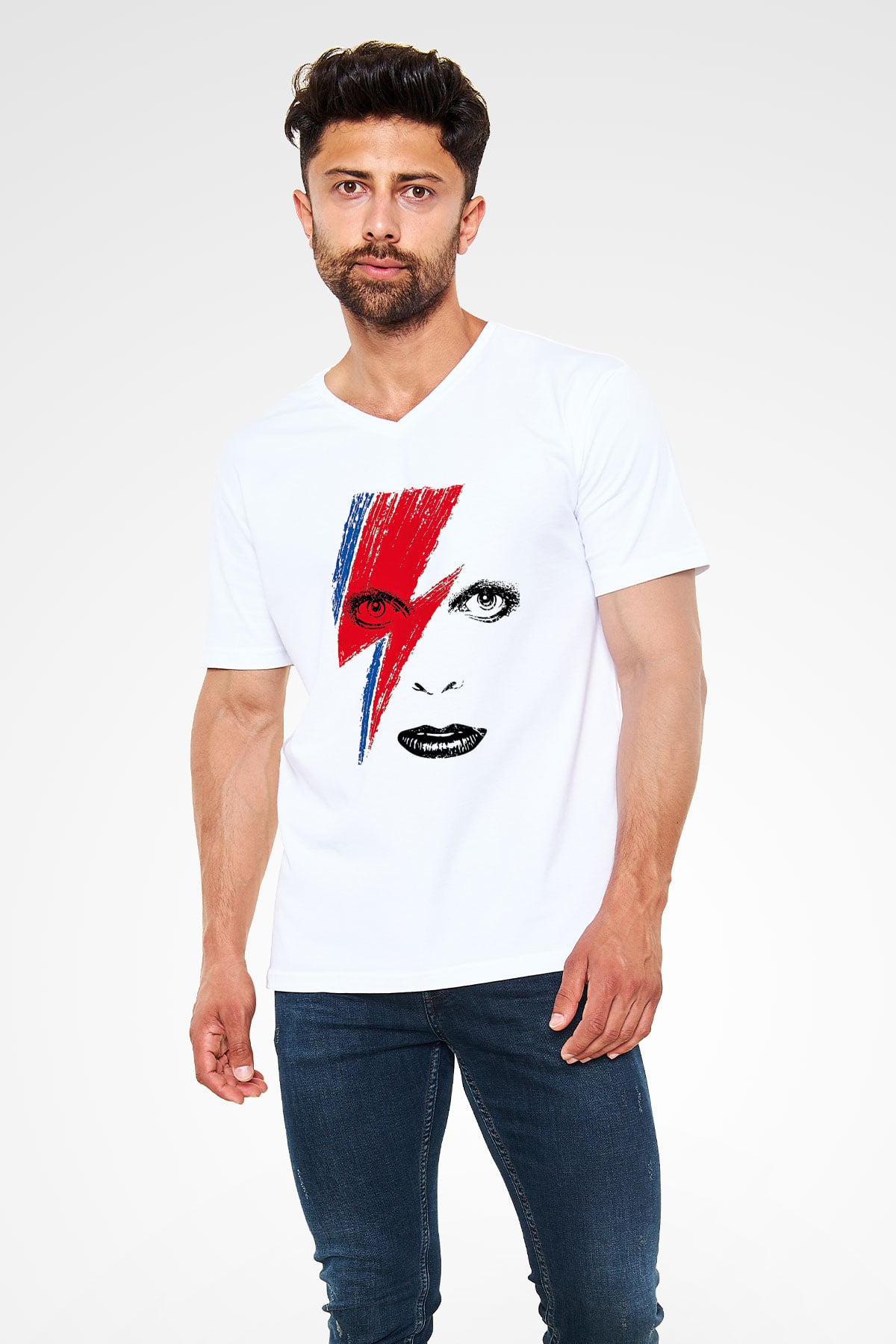 David Bowie Baskılı Beyaz Unisex V Yaka Tişört - Tshirt