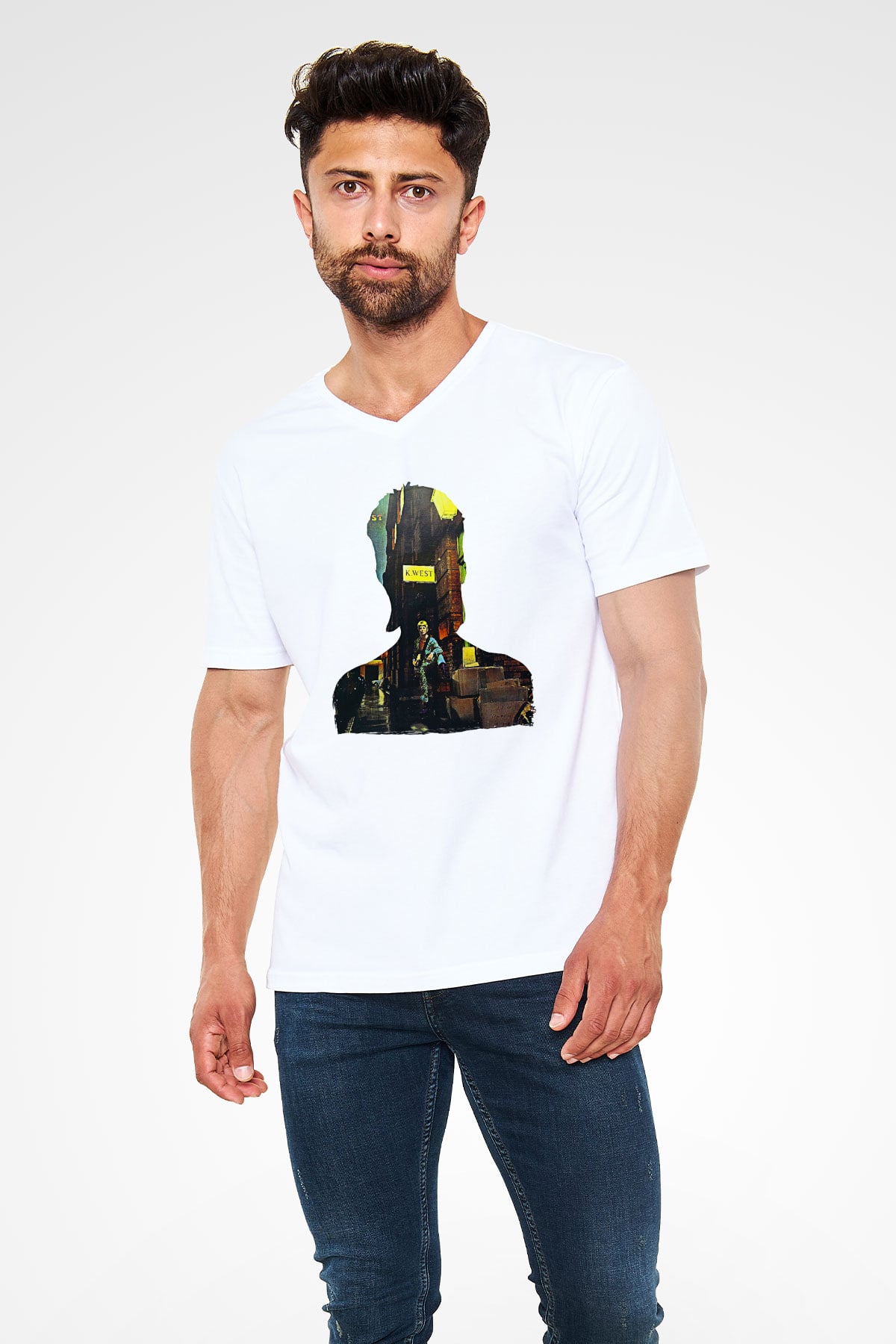 David Bowie Baskılı Beyaz Unisex V Yaka Tişört - Tshirt
