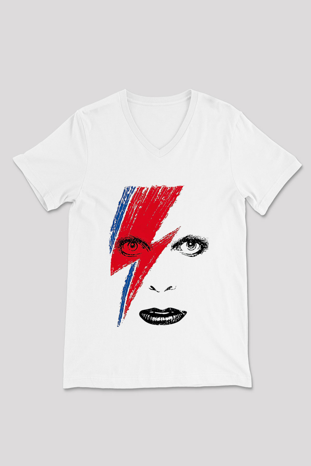 David Bowie Baskılı Beyaz Unisex V Yaka Tişört - Tshirt