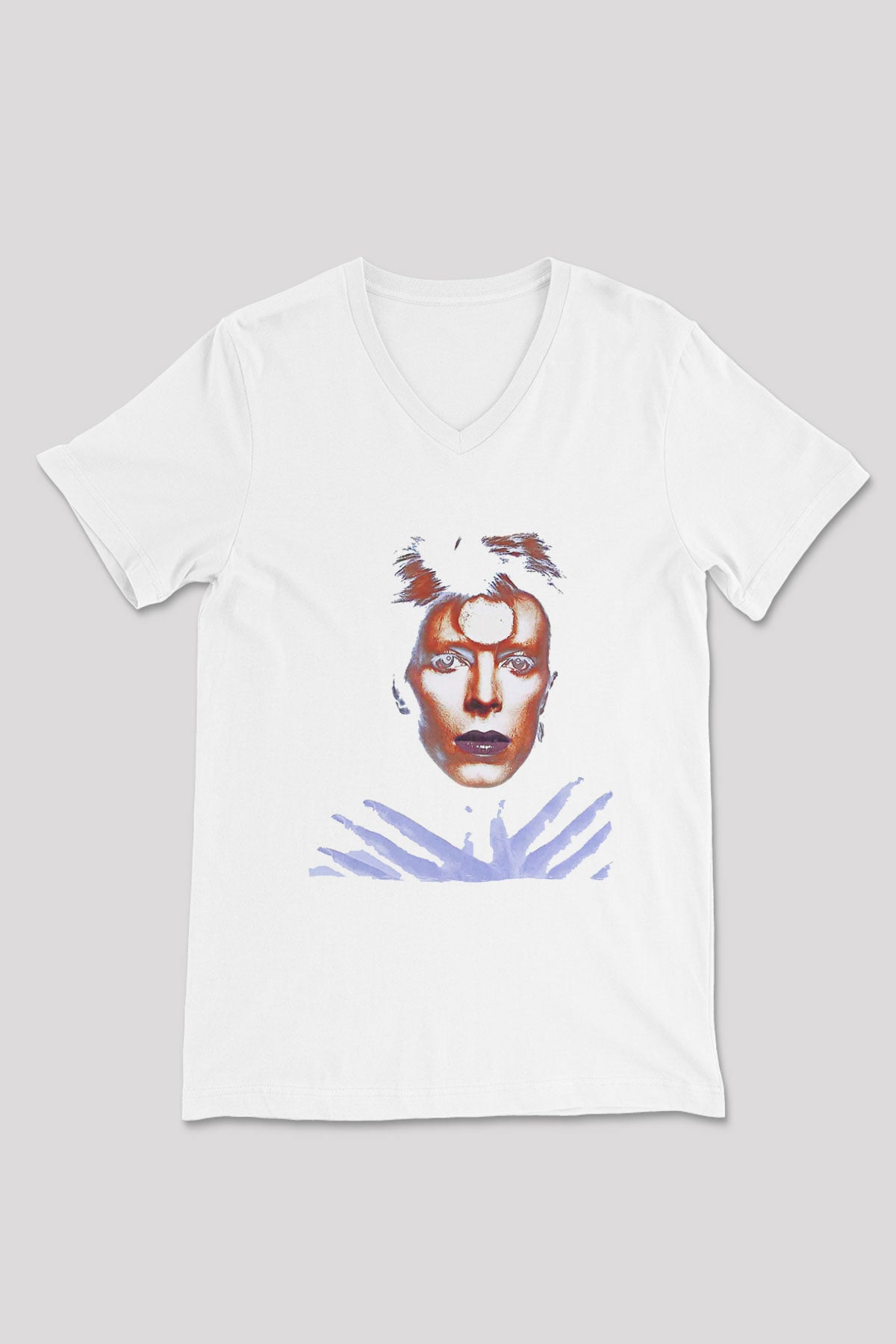 David Bowie Baskılı Beyaz Unisex V Yaka Tişört - Tshirt