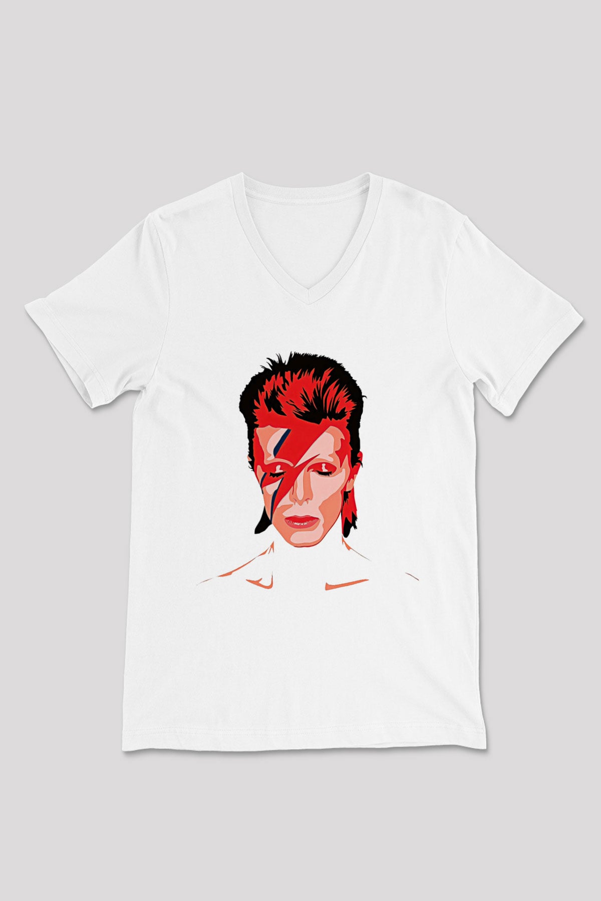 David Bowie Baskılı Beyaz Unisex V Yaka Tişört - Tshirt