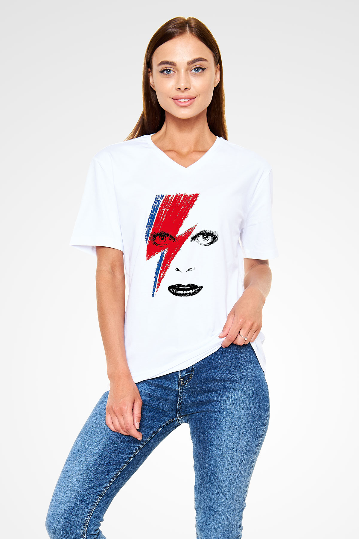 David Bowie Baskılı Beyaz Unisex V Yaka Tişört - Tshirt