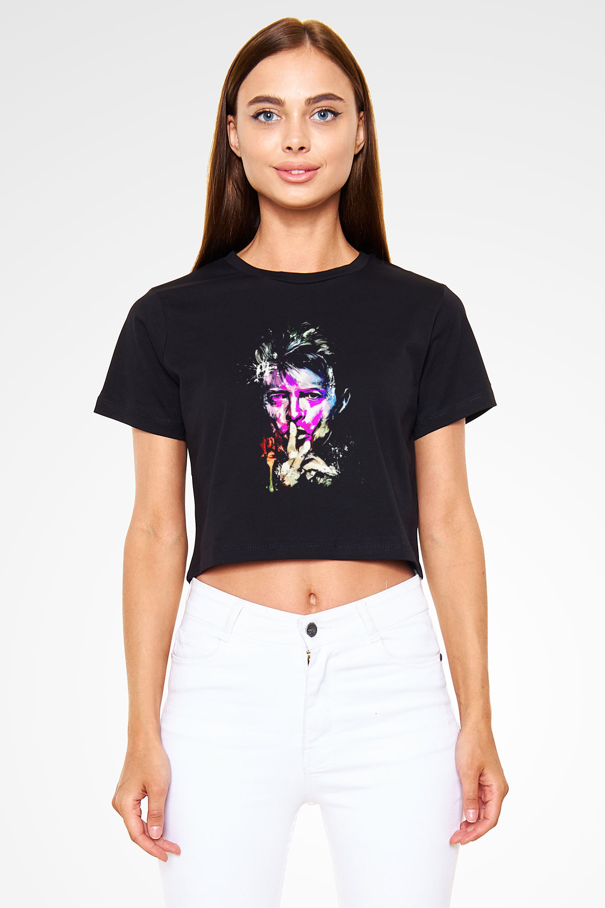 David Bowie Baskılı Siyah Crop Top Kadın Tişört - Tshirt