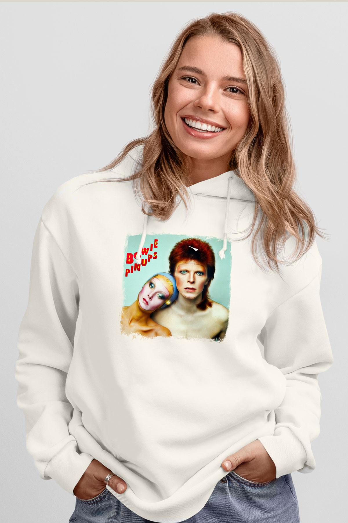 David Bowie Baskılı Unisex Beyaz Hoodie
