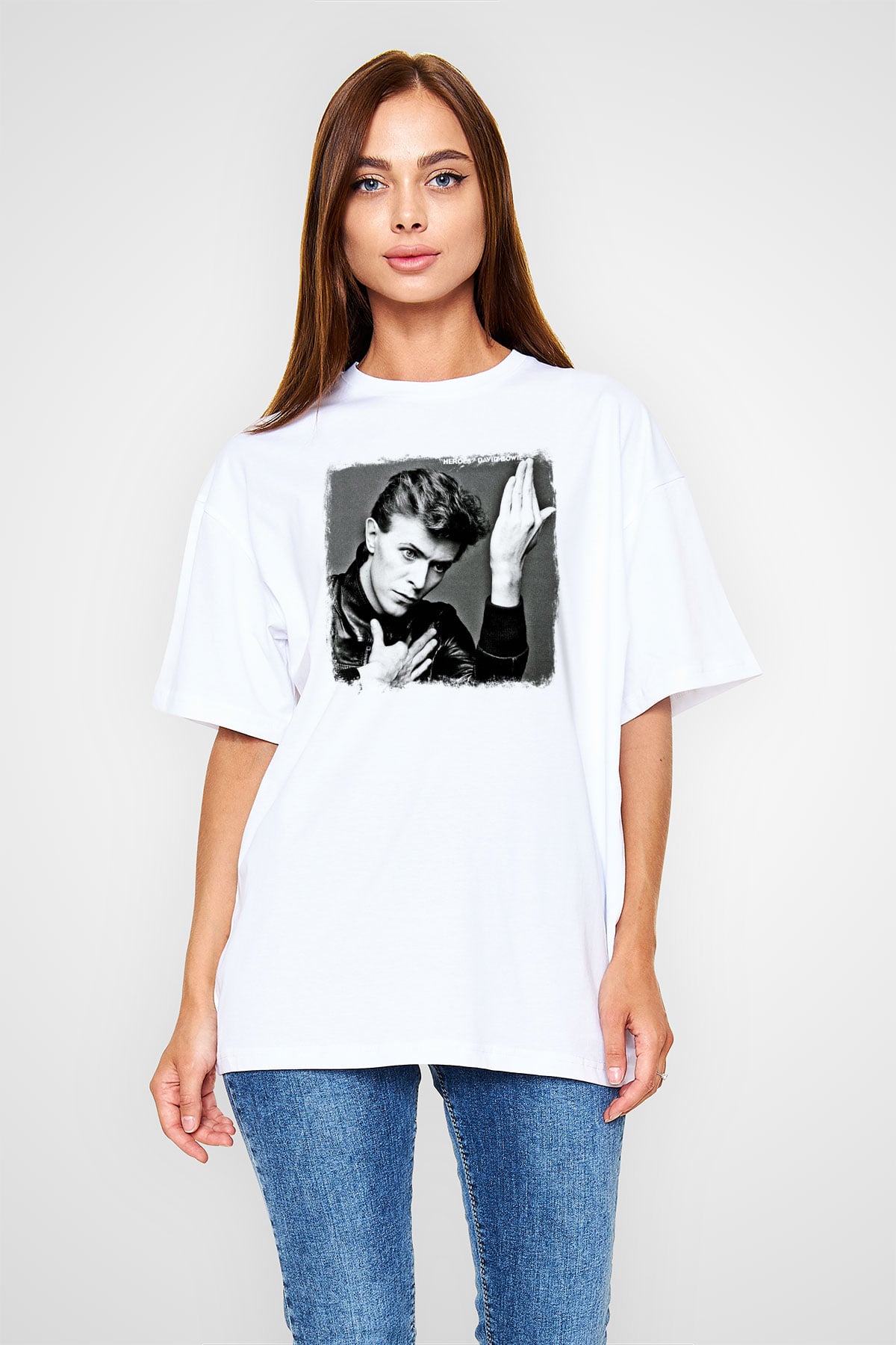 David Bowie Baskılı Unisex Beyaz Oversize Tişört