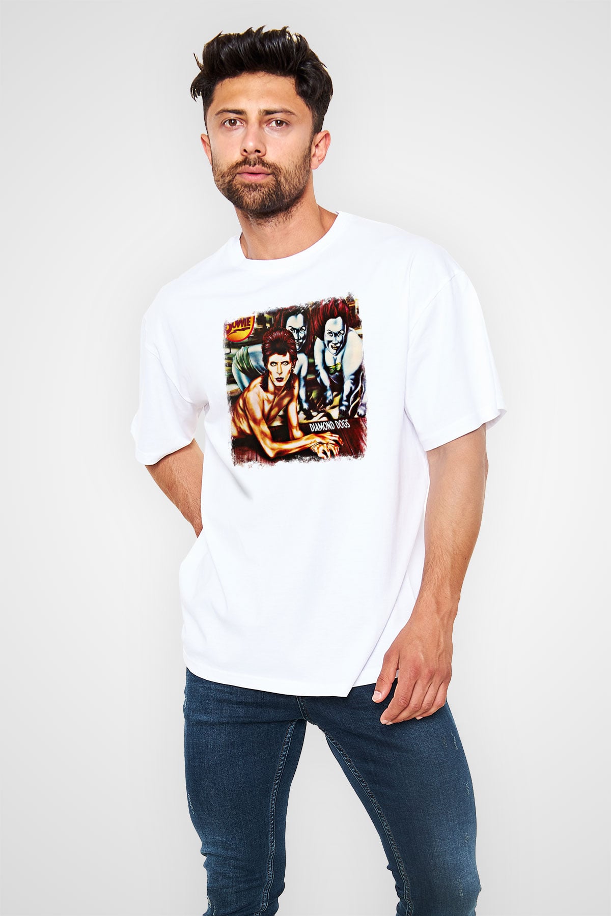 David Bowie Baskılı Unisex Beyaz Oversize Tişört