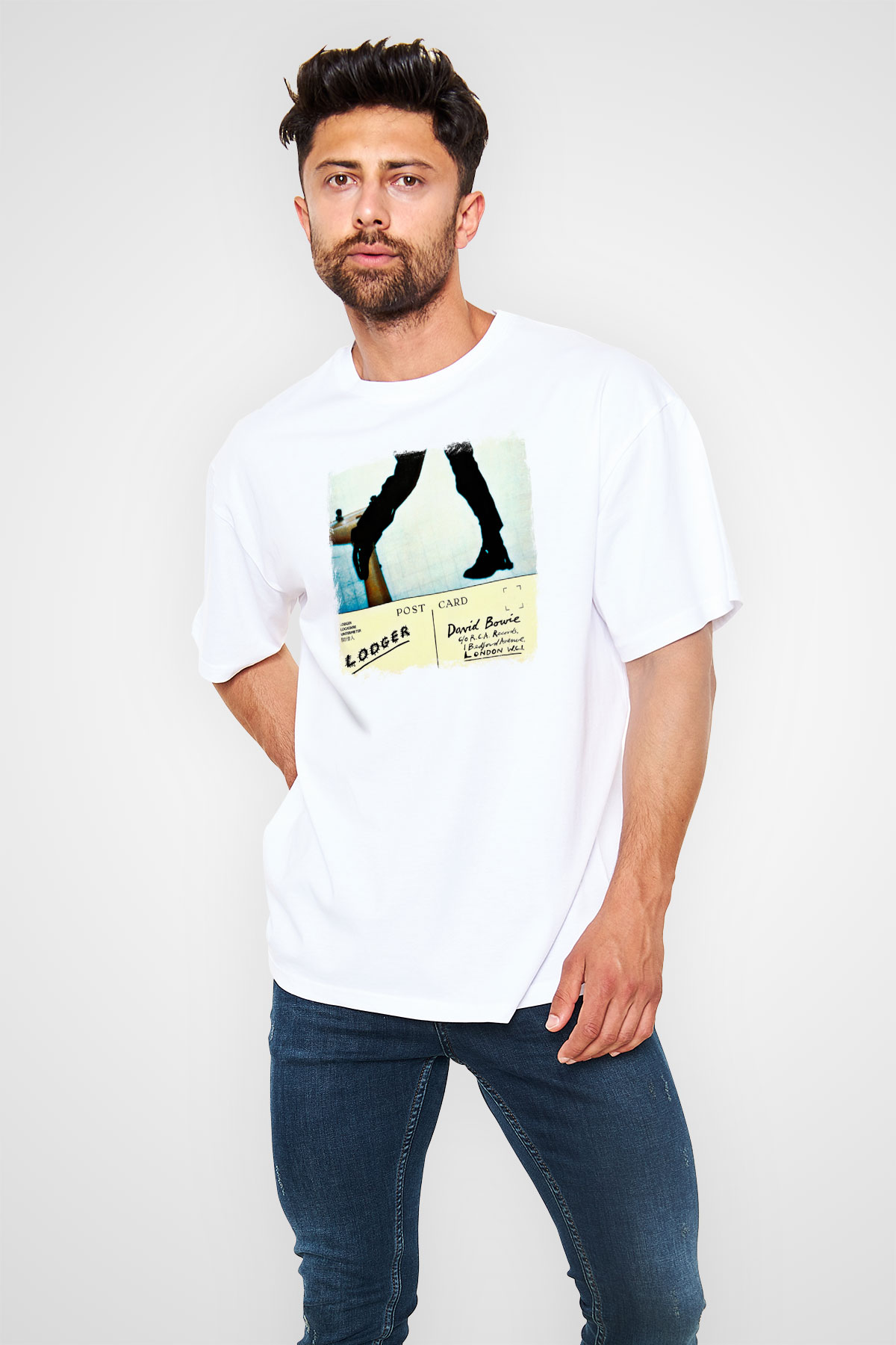 David Bowie Baskılı Unisex Beyaz Oversize Tişört