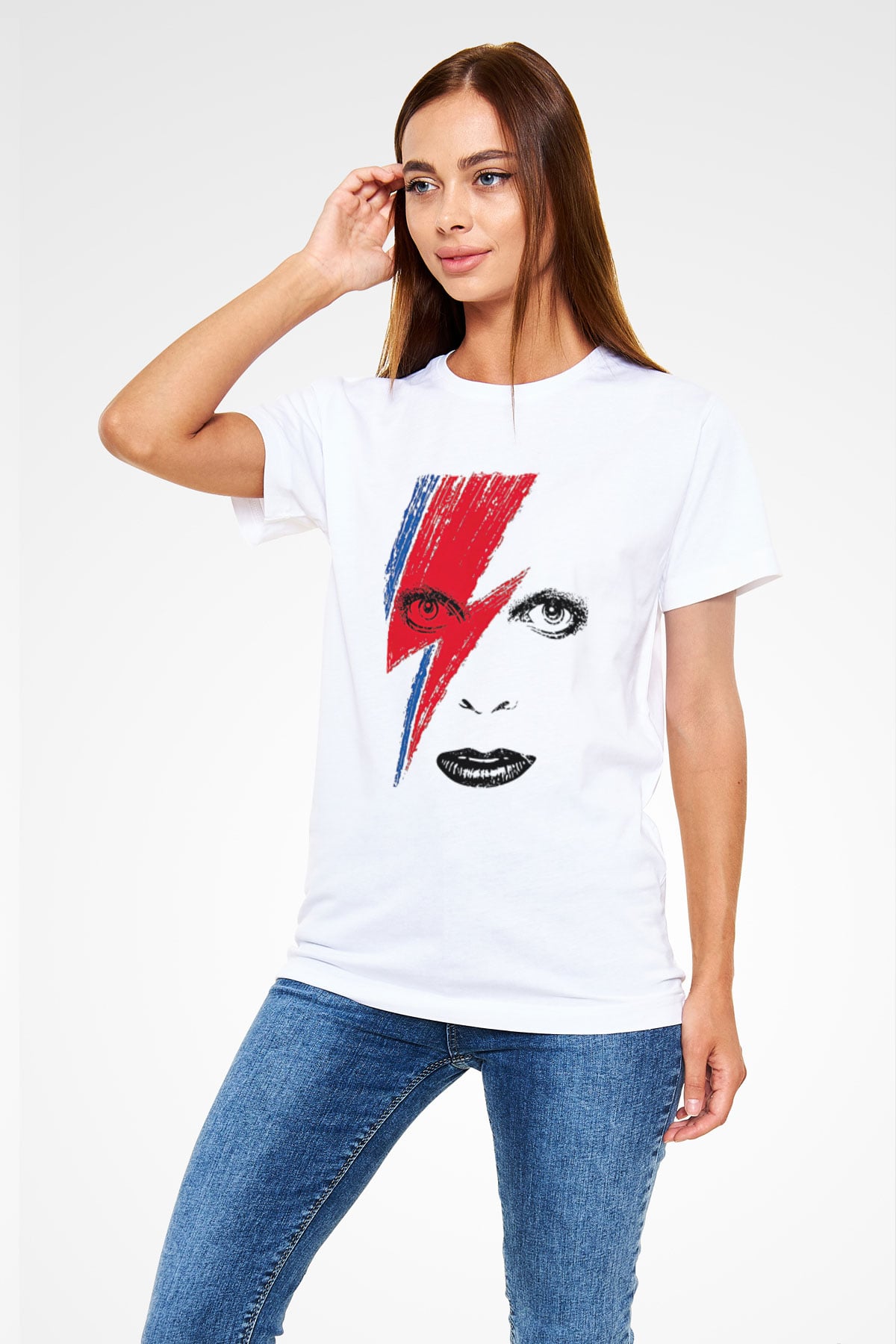David Bowie Baskılı Unisex Beyaz Tişört - Tshirt