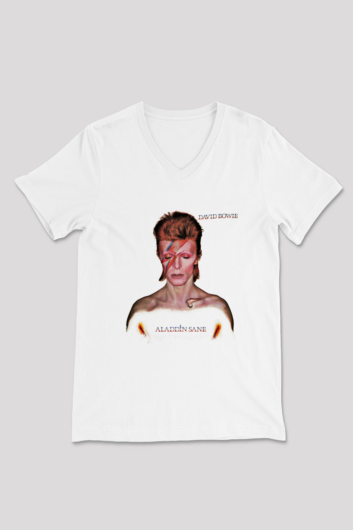 David Bowie Baskılı Unisex Beyaz V Yaka Tişört
