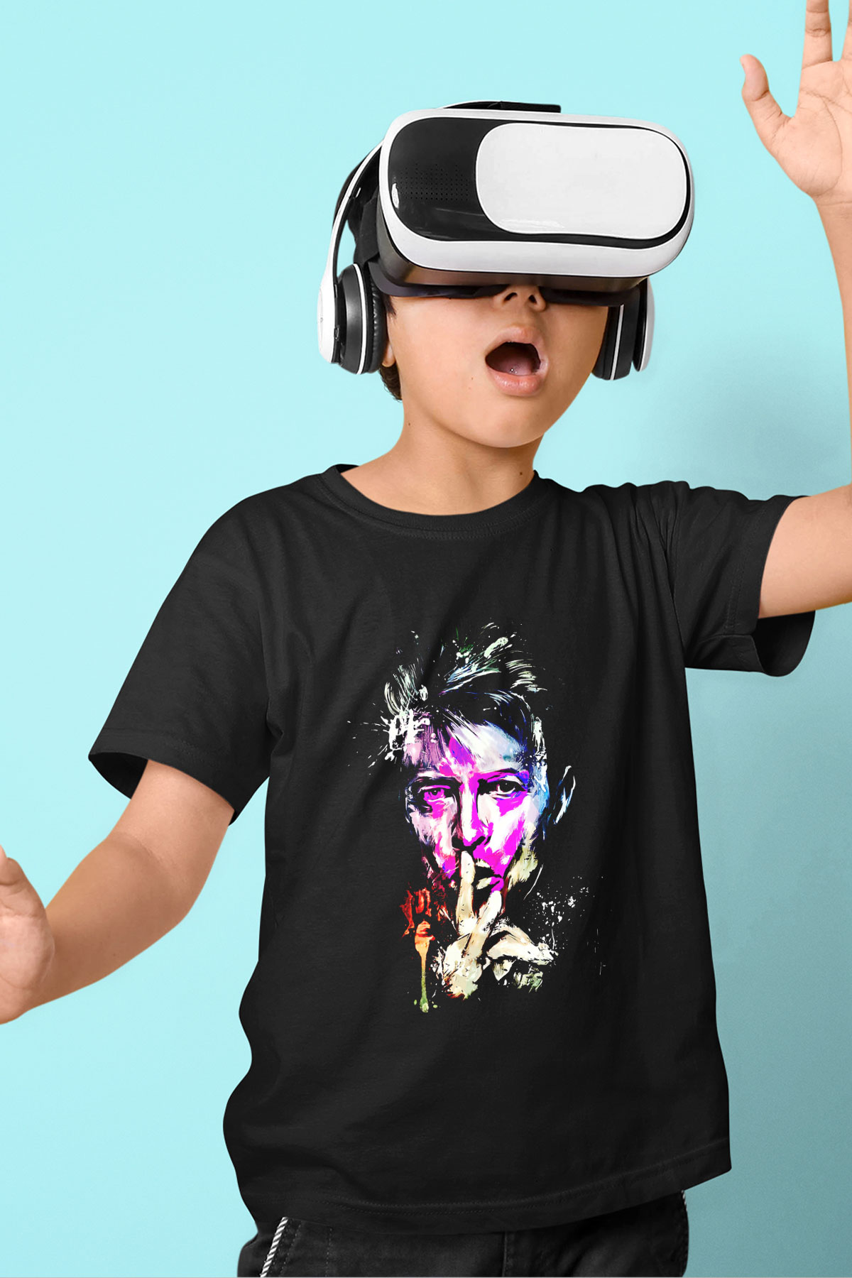 David Bowie Baskılı Unisex Siyah Çocuk Tişört - Tshirt