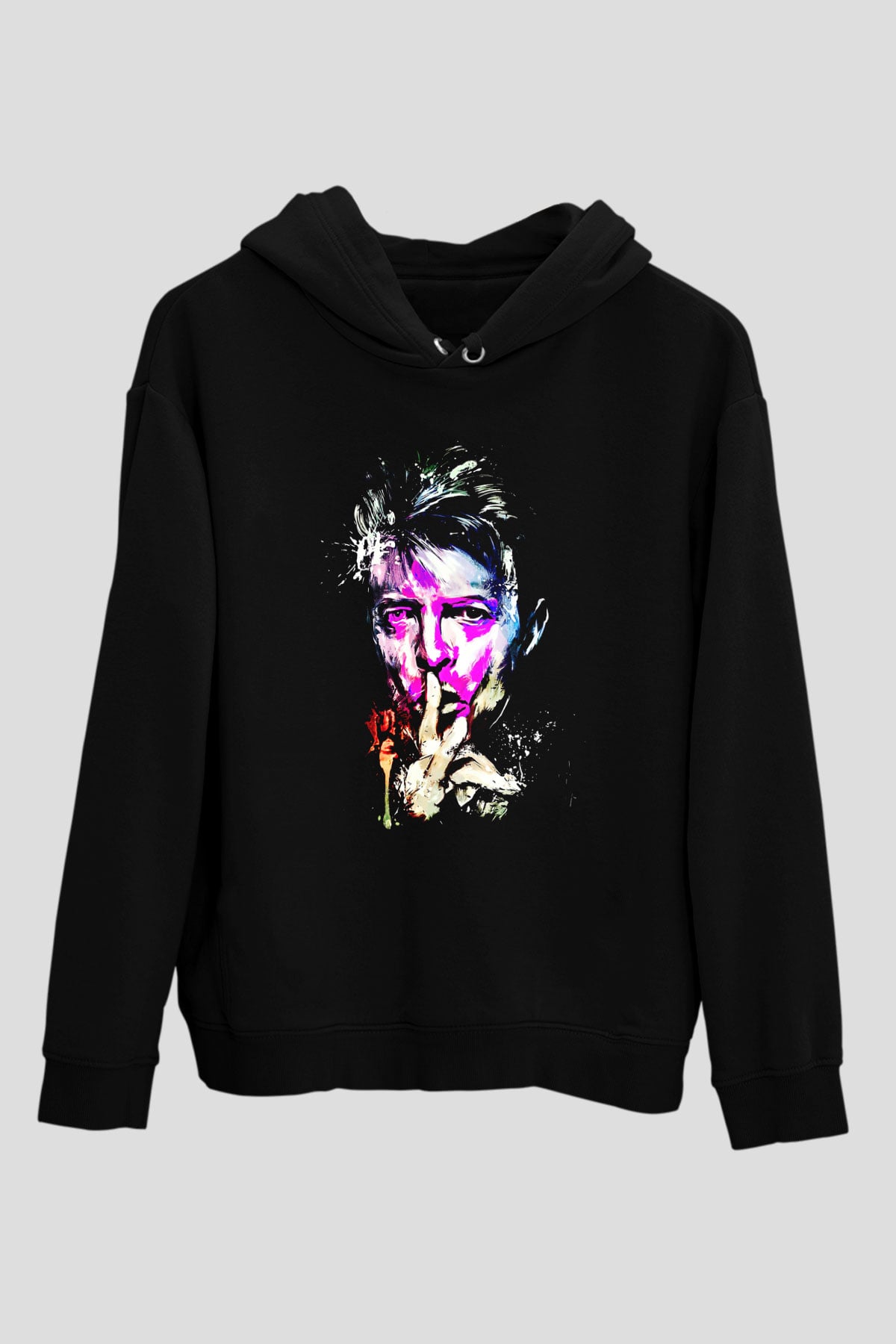 David Bowie Baskılı Unisex Siyah Kapüşonlu Sweatshirt