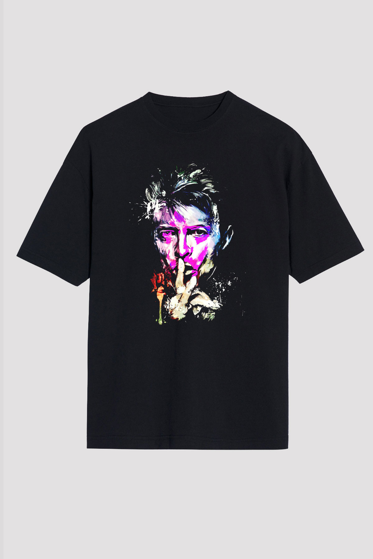 David Bowie Baskılı Unisex Siyah Oversize Tişört - Tshirt