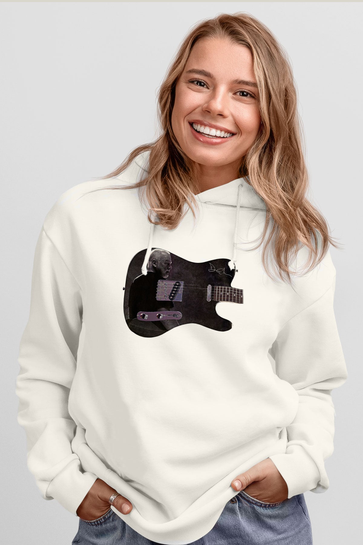David Gilmour Baskılı Beyaz Unisex Kapüşonlu Sweatshirt