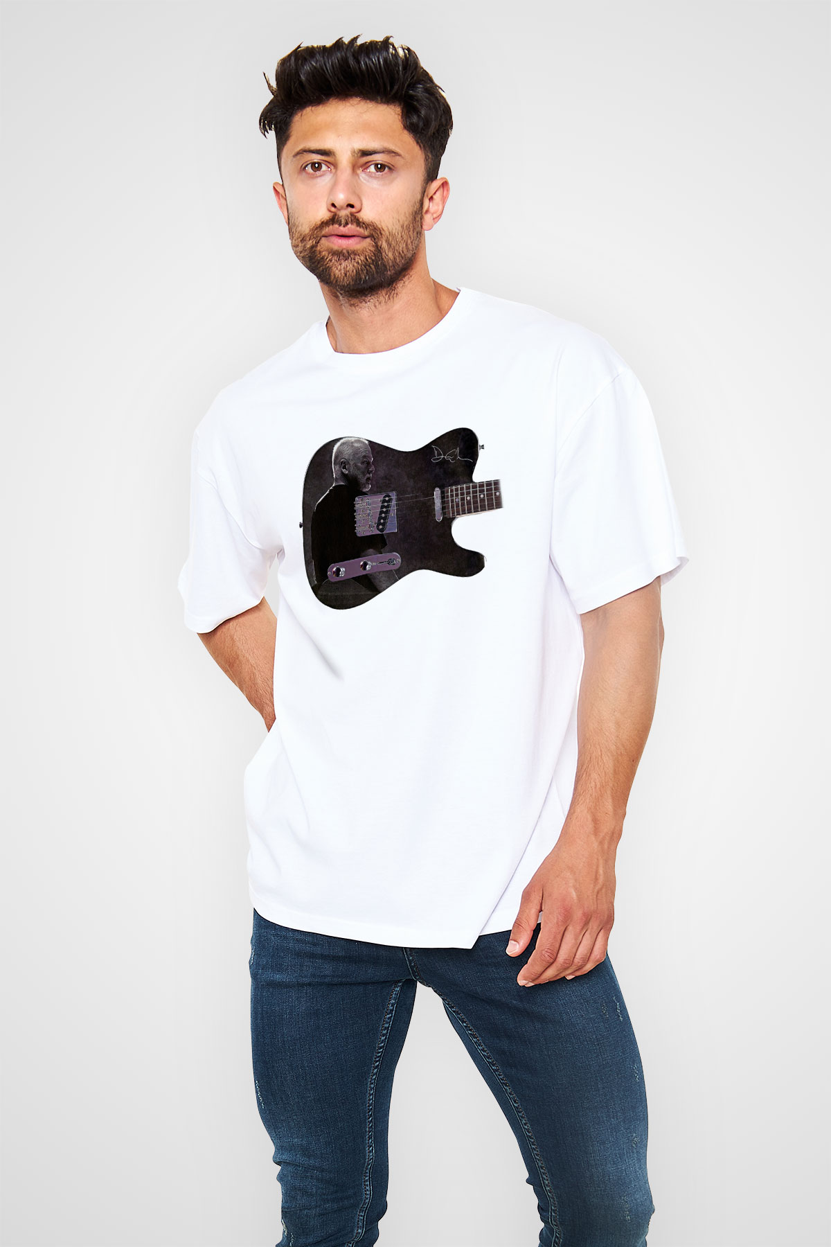 David Gilmour Baskılı Beyaz Unisex Oversize Tişört - Tshirt