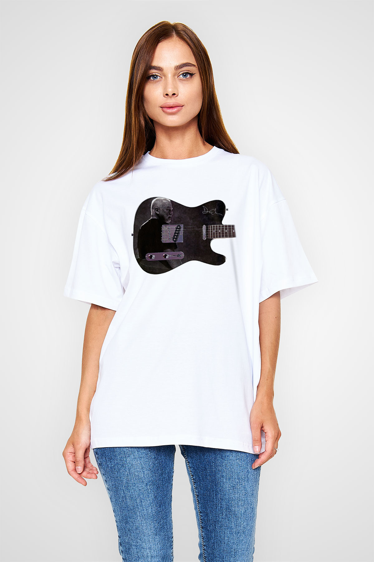 David Gilmour Baskılı Beyaz Unisex Oversize Tişört - Tshirt