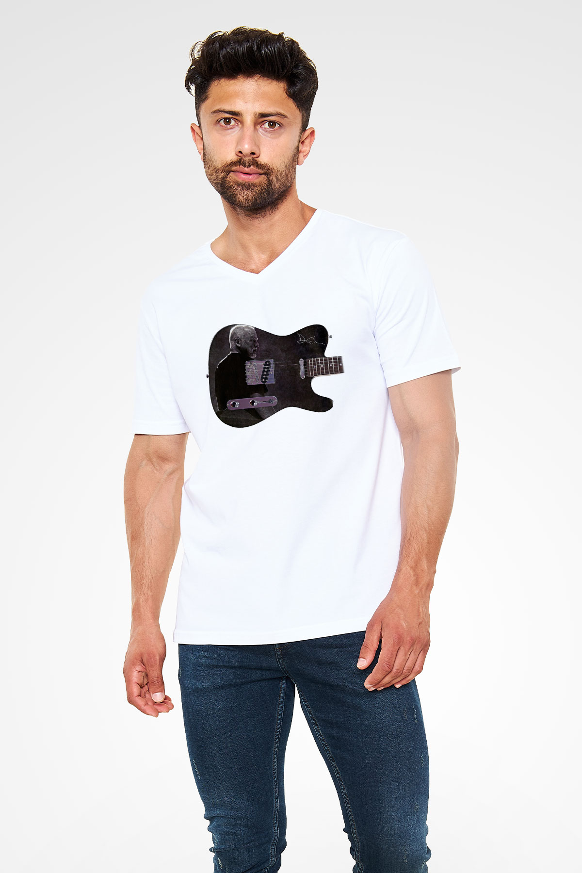 David Gilmour Baskılı Beyaz Unisex V Yaka Tişört - Tshirt