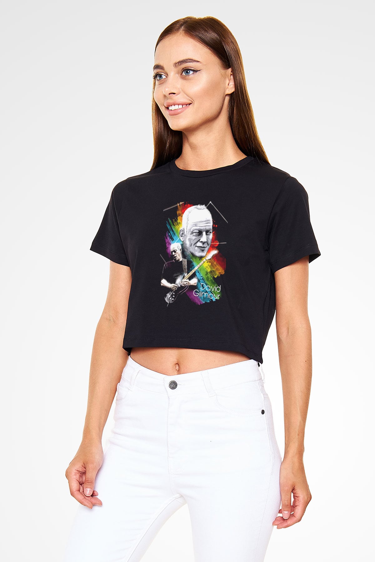 David Gilmour Baskılı Siyah Crop Top Kadın Tişört - Tshirt