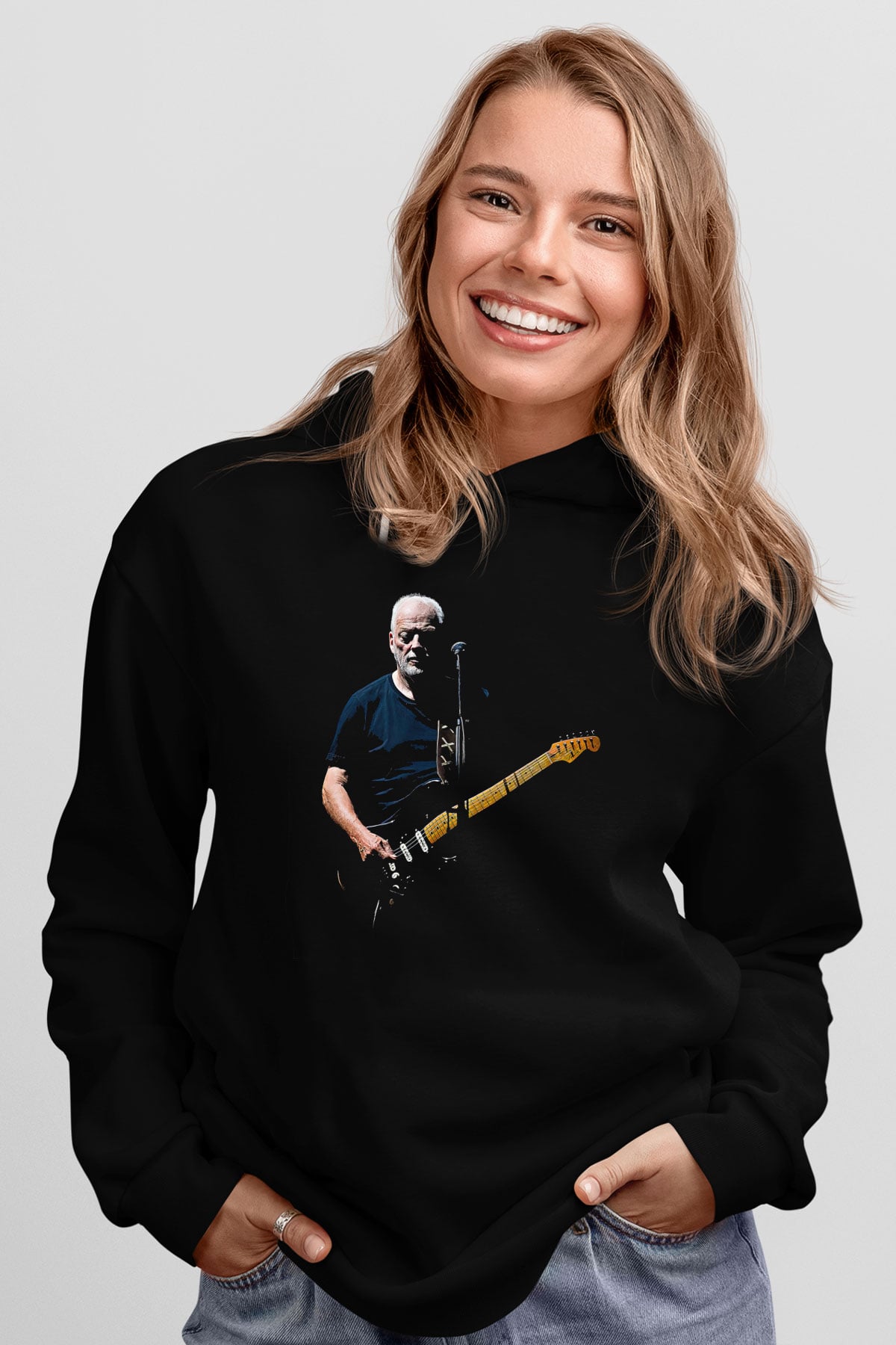David Gilmour Baskılı Unisex Siyah Kapüşonlu Sweatshirt