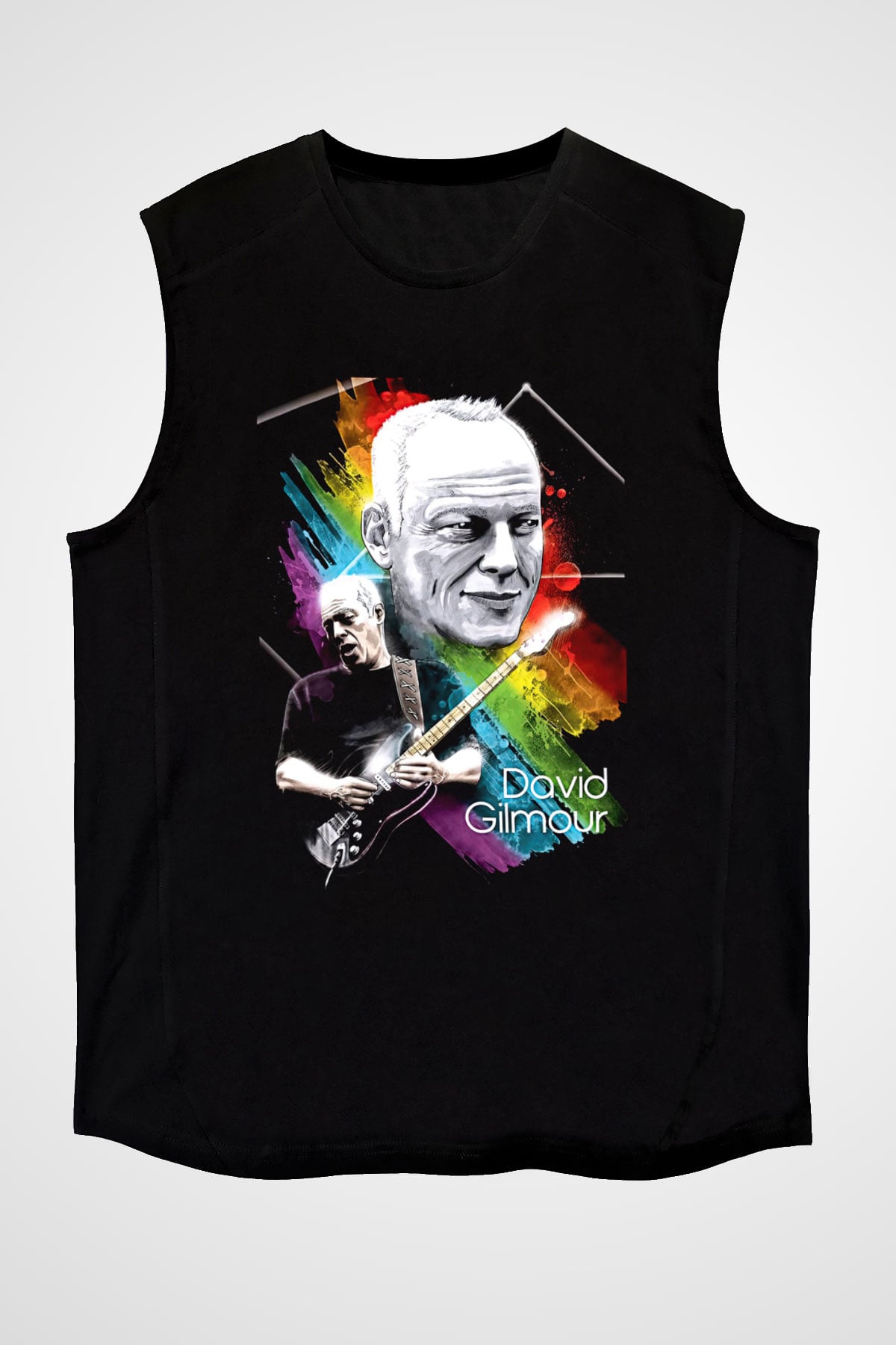 David Gilmour Baskılı Unisex Siyah Kolsuz Tişört - Tshirt