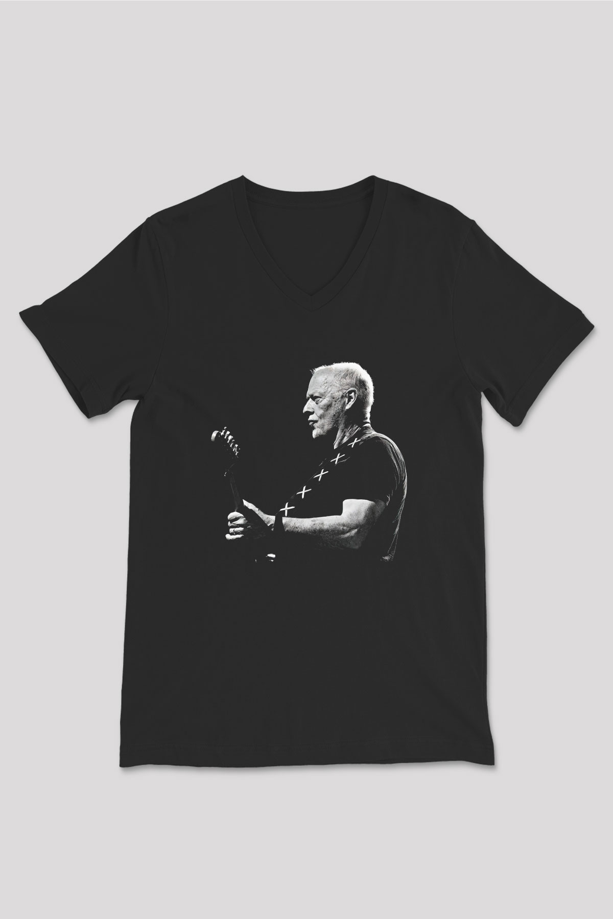 David Gilmour Baskılı Unisex Siyah V Yaka Tişört - Tshirt