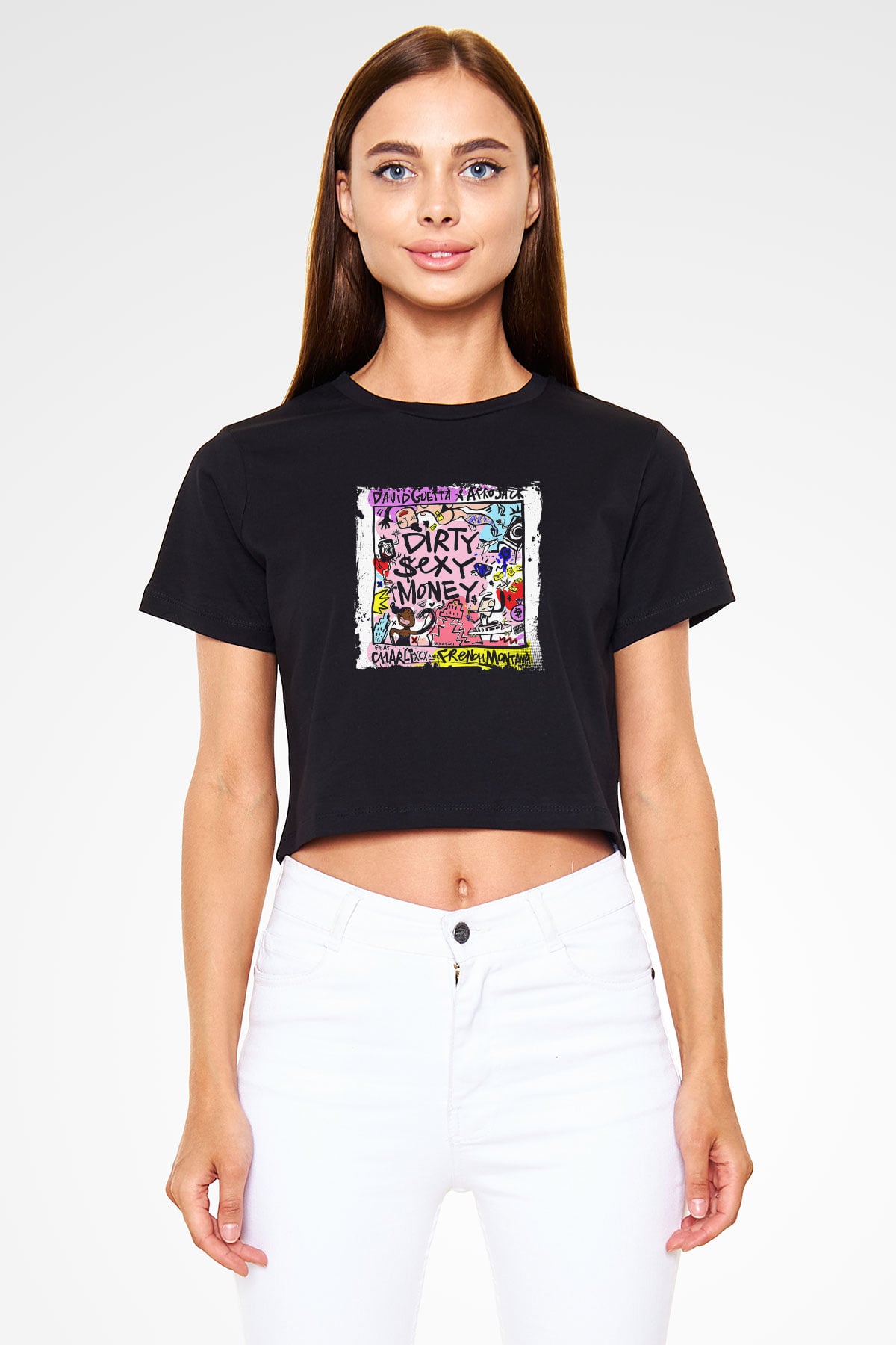 David Guetta Baskılı Crop Top Siyah Kadın Tişört