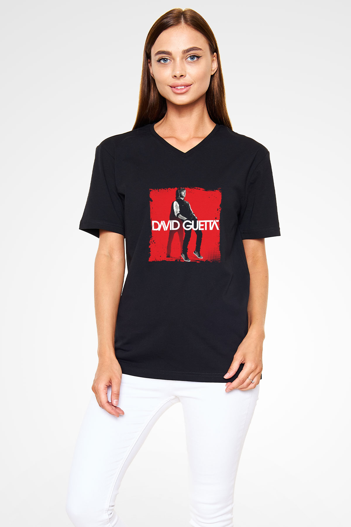 David Guetta Baskılı Unisex Siyah V Yaka Tişört
