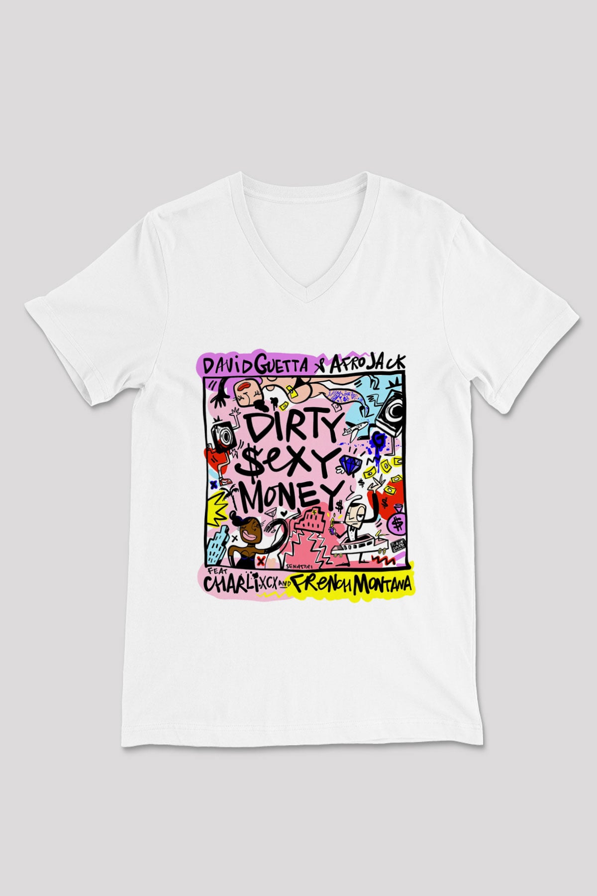 David Guetta Beyaz Unisex V Yaka Tişört