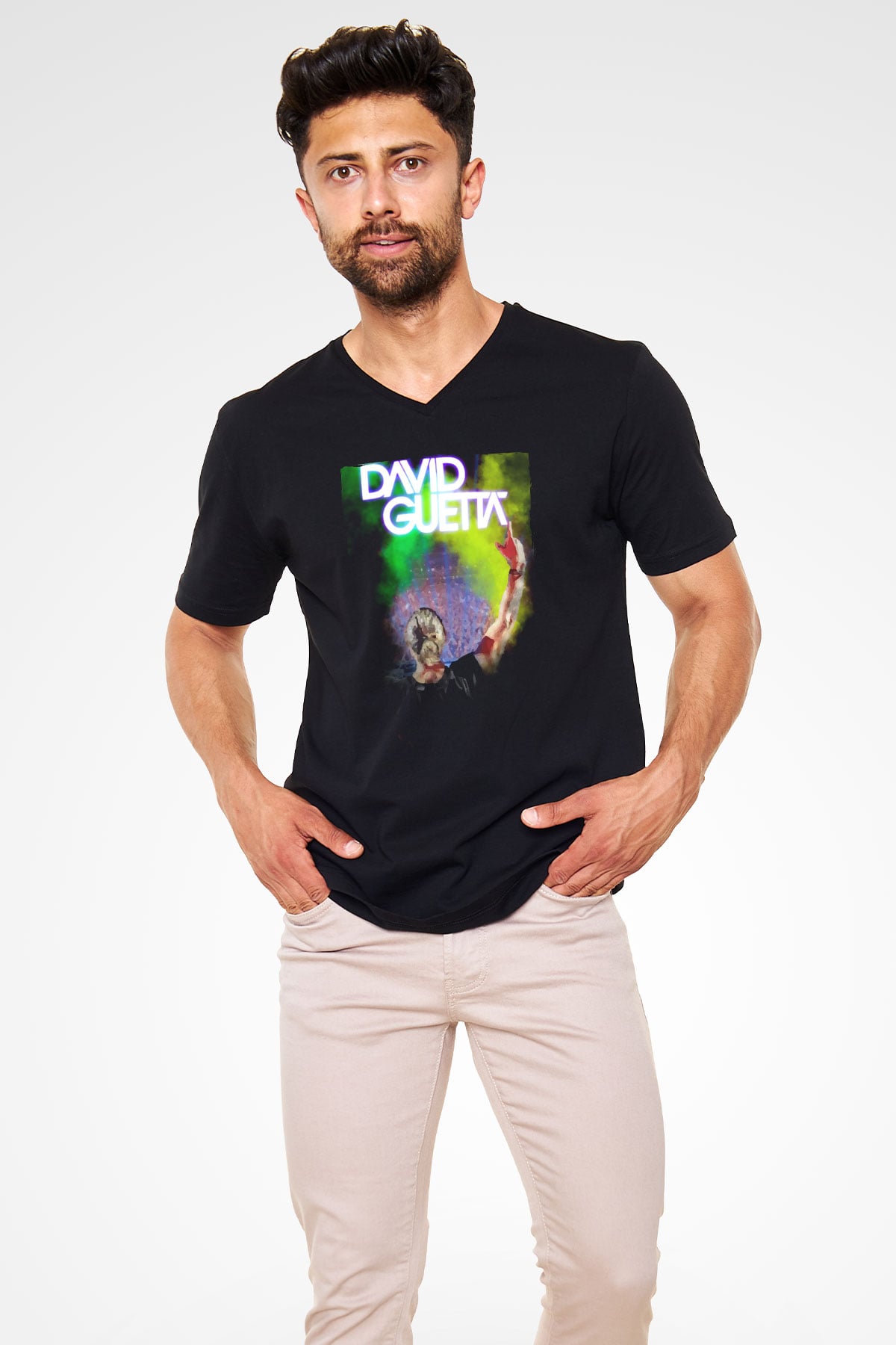 David Guetta Siyah Unisex V Yaka Tişört